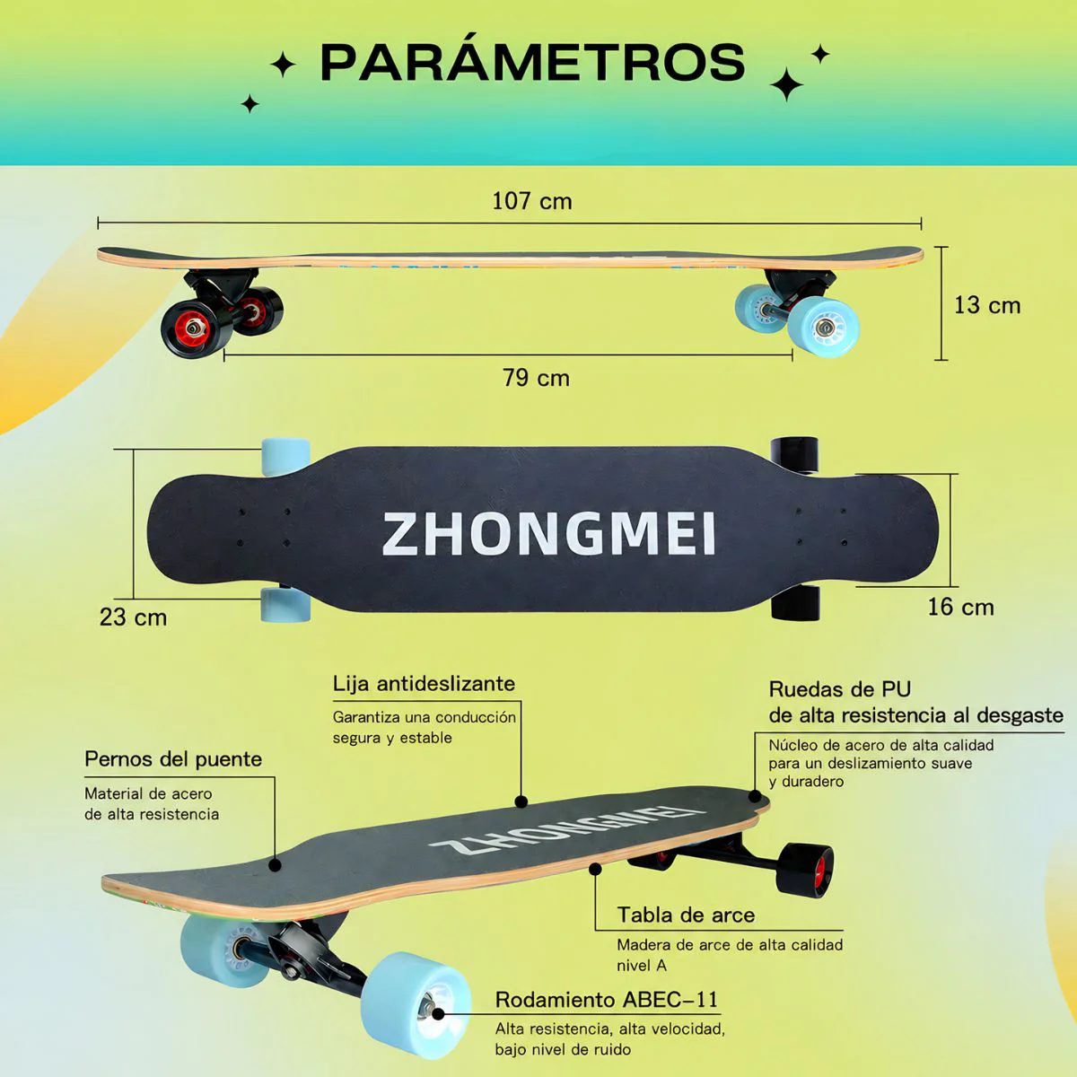 Patineta Profesional 42”. Longboard Skate Maple AAAA ABEC-11 Ruedas PU 70X51mm Tabla Doble Kick Long Skate. Estampado Multicolor. - Image 6