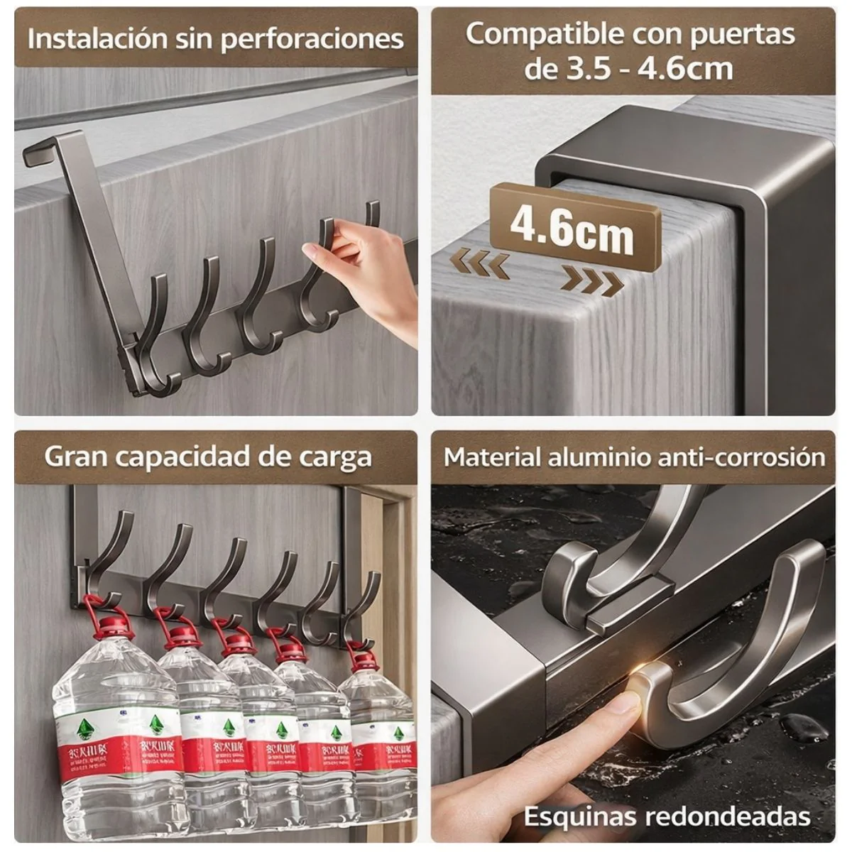 Perchero Para Puerta Sin Perforar De Aluminio Espacial (39Cm). Colgador Multifuncional De 6 Ganchos Compatible Con Puertas De 3.5 A 4.6 Cm. Color Gris. - Image 2