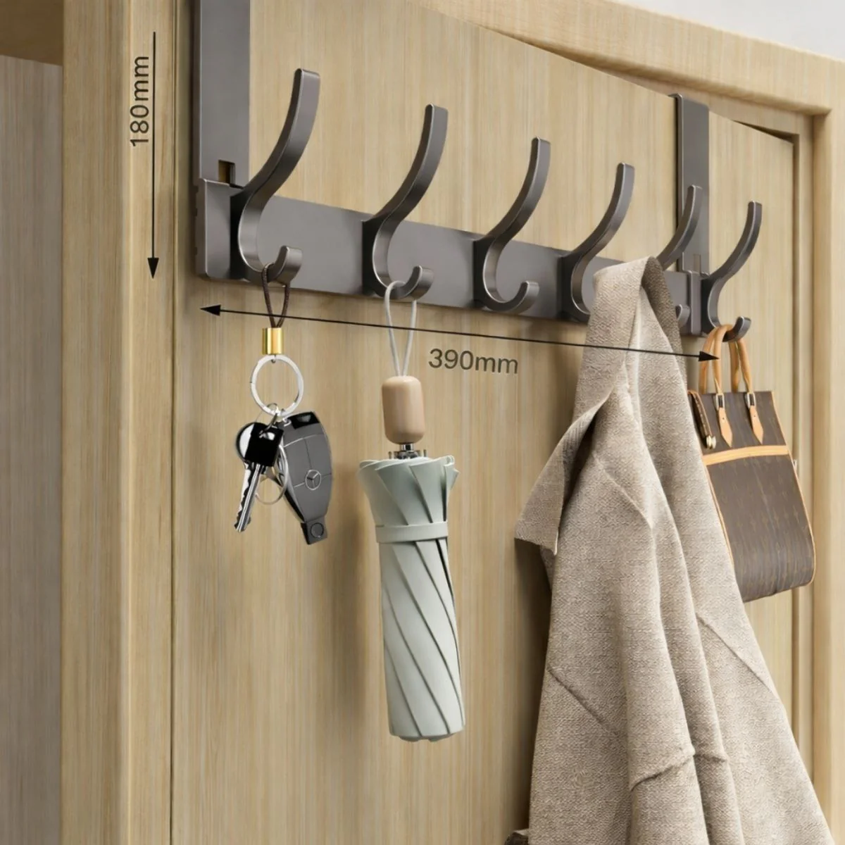 Perchero Para Puerta Sin Perforar De Aluminio Espacial (39Cm). Colgador Multifuncional De 6 Ganchos Compatible Con Puertas De 3.5 A 4.6 Cm. Color Gris. - Image 3