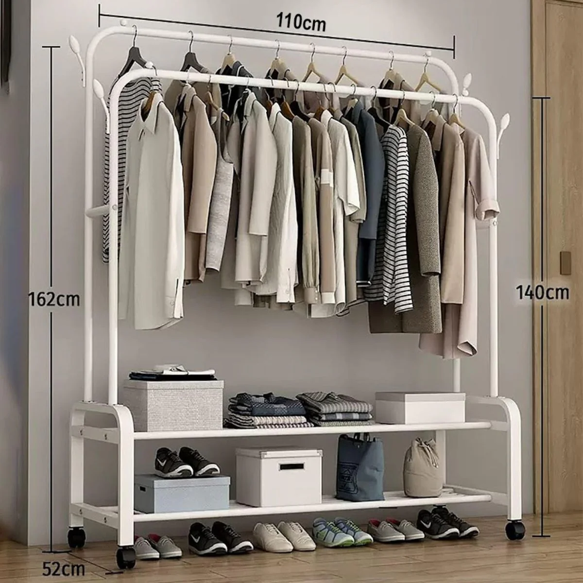 Perchero Rack Con Ruedas Para Ropa. Organizador Multifuncional Para Dormitorio. 162X110x52cm. Armarios Closets Closet Guardarropa. Color: Blanco