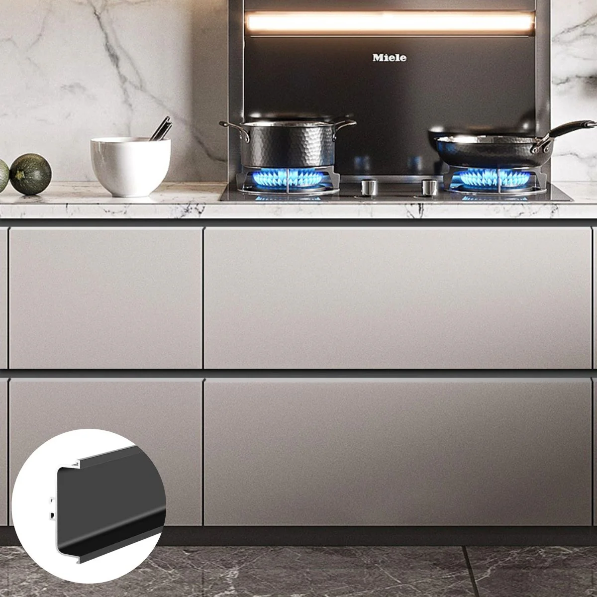 Perfil Central Tipo Gola Para Muebles Modulares Cocinas . (3 Metros) Negro Mate Para Gabinetes Sin Tiradores. Ideal Para Cocina.