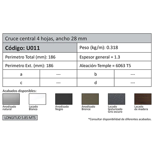 Perfil Cruce Central 4 Hoja De 28X66. Espesor 1.3 Mm. Largo 5.85 Mts. Acabado Anodizado Bronze 15 Mi - Image 2