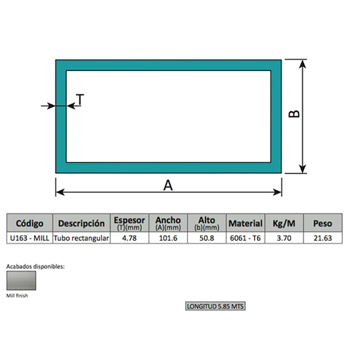Perfil De Aluminio Rectangular 4" X 2". Espesor 4.78 Mm Largo 5.85 Mts. Material 6061-T6. Acabado Mi - Image 2