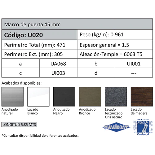 Perfil Marco Fijo Puerta 45 Mm. Espesor 1.5 Mm. Largo 5.85 Mts. Acabado Anodizado Negro 15 Micron. ( - Image 2