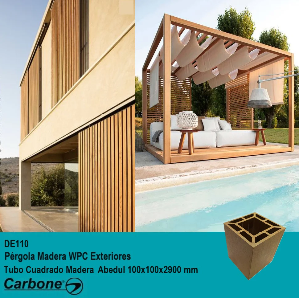 Pergola WPC Tubo Cuadrado 4" Grande Acabado Madera Abedul Exteriores 100X100x2900mm