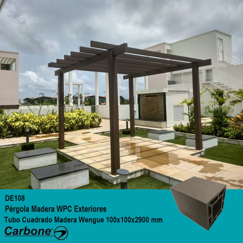 Pergola WPC Tubo Cuadrado 4" Grande Acabado Madera Wengue Exteriores 100X100x2900mm