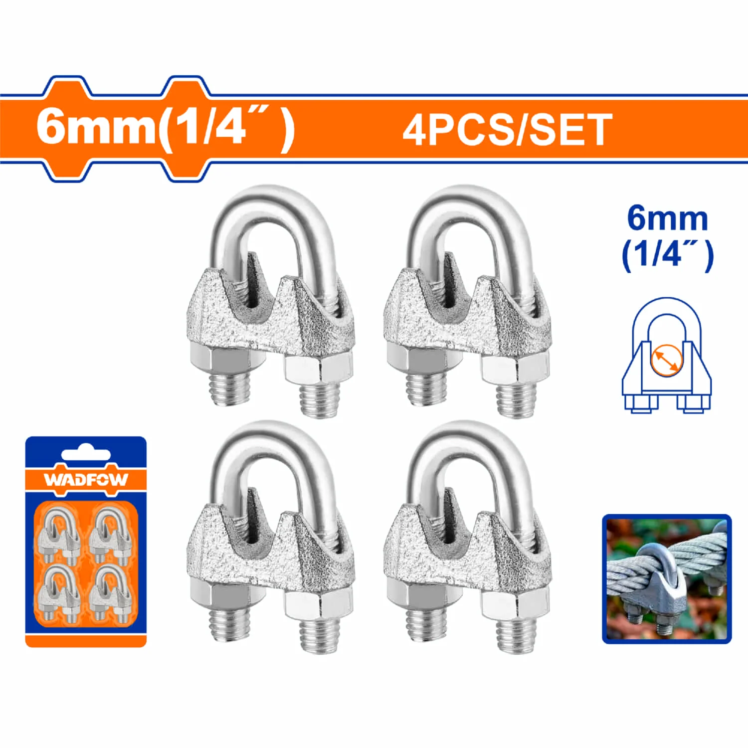 Perros Para Cable De Acero Guayas. Clips De Cuerda De Alambre 1/4" Hierro Maleable Electro-Galvanizado. Para Fijar Cuerda De Alambre. Set De 4 Piezas.