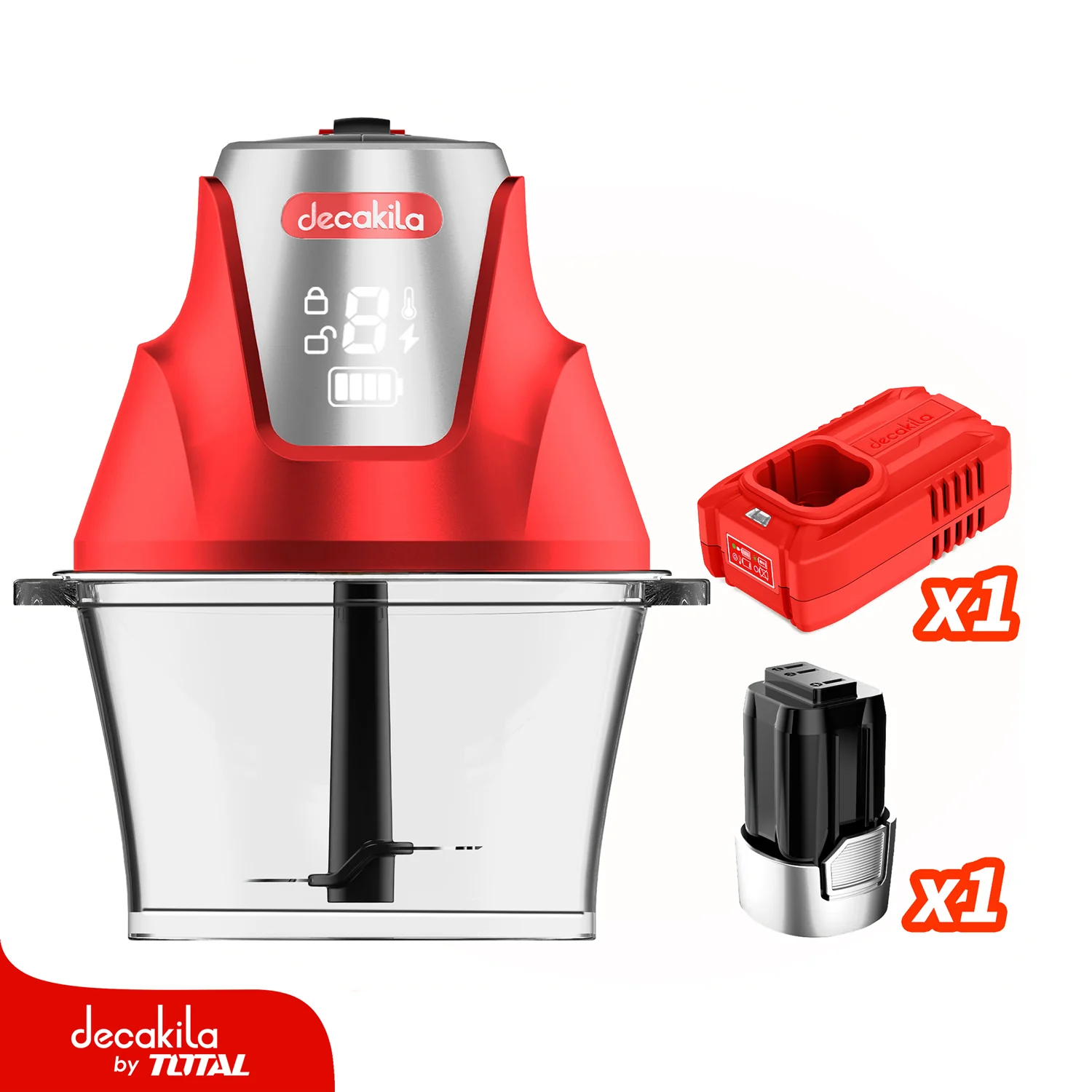 Picador De Alimentos Inalámbrico Rojo De 2L Con Bowl De Vidrio Y Cuchillas De Acero Inoxidable.  Incluye Batería + Cargador. - Image 2