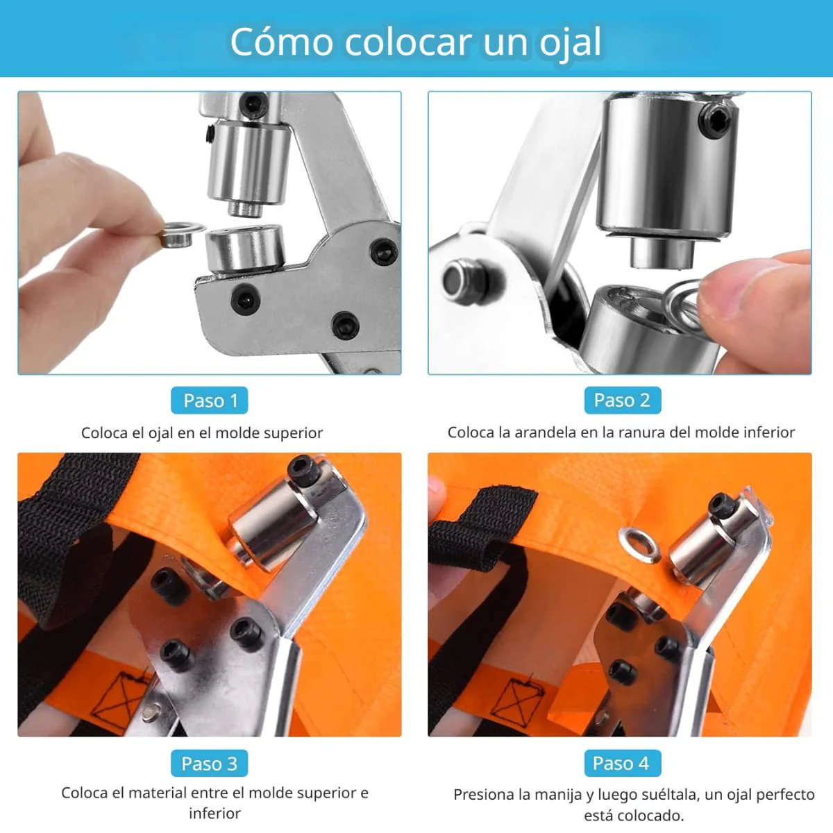 Pinza Ponchadora Para Colocación De Ojales Metálicos. Kit Set Para Colocar Orificios Aros Con Pinza Manual Y 300 Piezas De 10 Mm Para Tela, Lonas Y Cuero. - Image 3