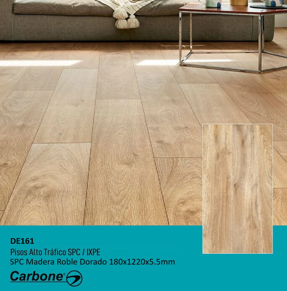Piso SPC Madera Golden Oak 1220 X 180 X 5.5 Mm Con IXPE 10 Pc. Pack 2.2 M2