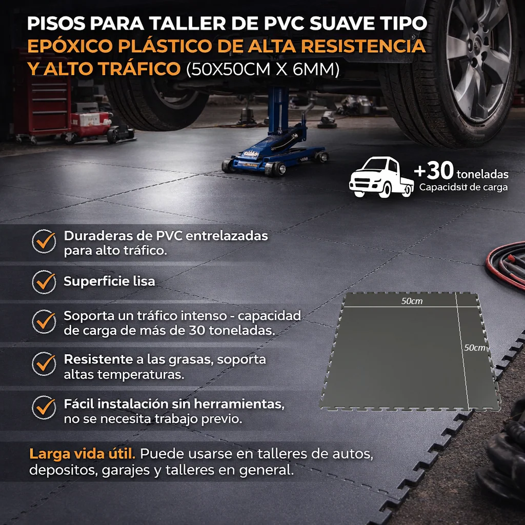 Pisos Para Taller De PVC Suave Tipo Epóxico Plástico De Alta Resistencia Y Alto Tráfico Pvc Tiles Suelo Goma De Garaje Antideslizante  (50X50cm X 6Mm) (Se Vende Por Baldosa)