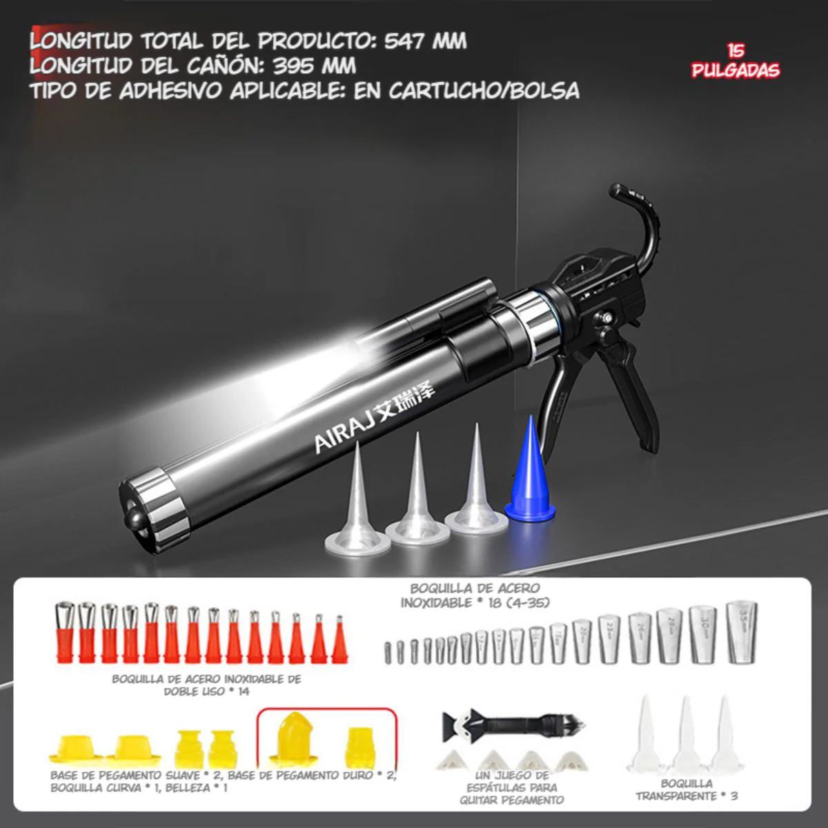 Pistola De Calafateo Profesional Con Linterna Incorporada Para Silicona. Aplicador De Cartuchos, Adhesivos, Salchichas Y Selladores. Calafateadora. 19 Axis Luxury (Set De 48 Piezas) - Image 4