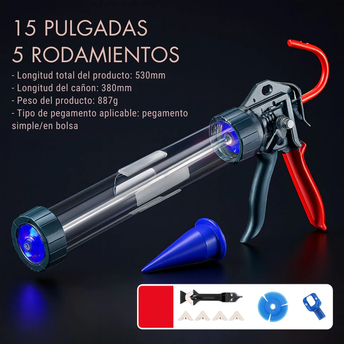 Pistola De Calafateo Salchicha Antiexplosiva. Aplicador De Silicona, Pegamento Y Selladores. Calafateadora 15" (Set De 9 Piezas). - Image 2
