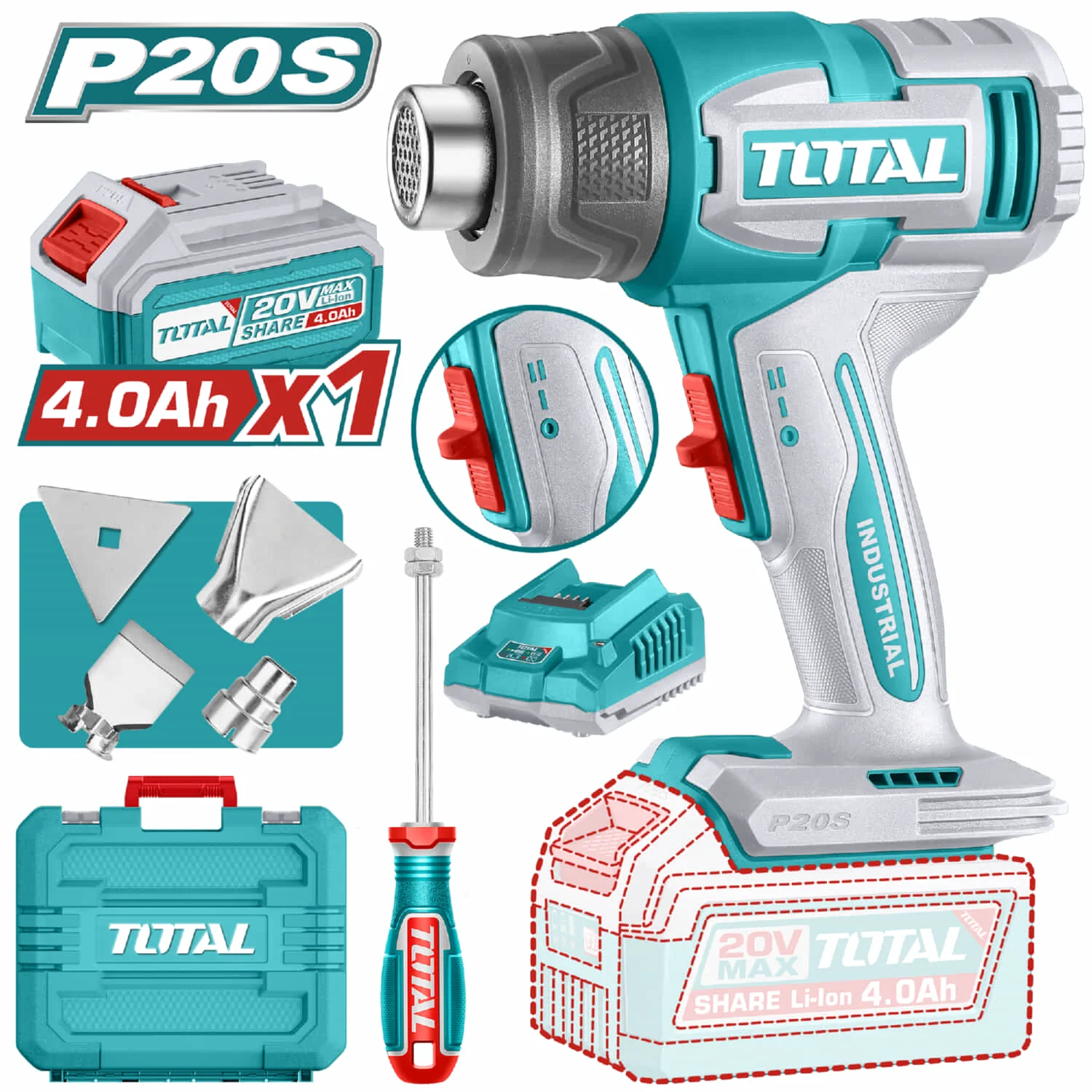 Pistola De Calor 20V 300/550°C Flujo De Aire: 100/200 L/Min Incluye Batería Y Cargador. Blower