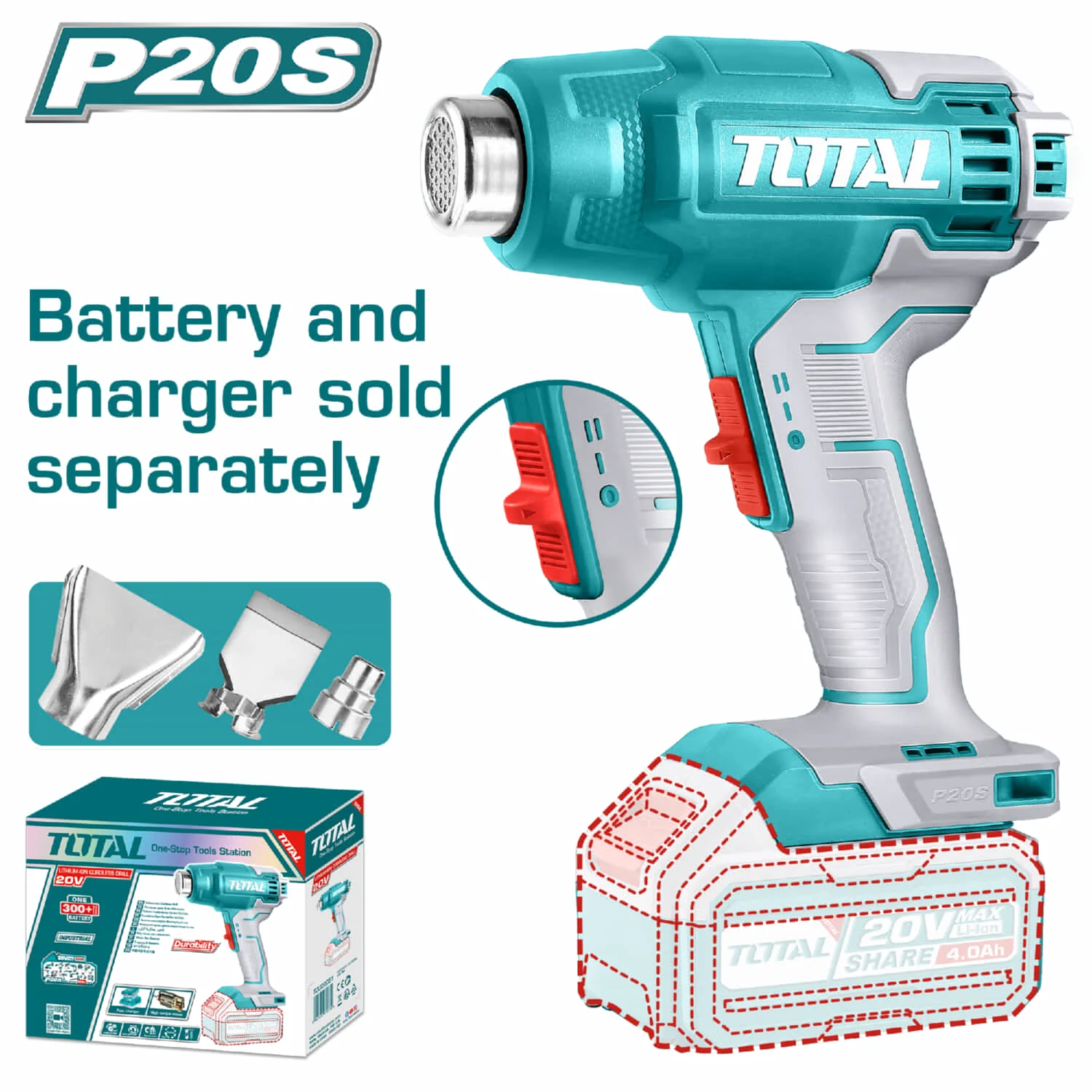 Pistola De Calor Inalámbrica. 20V. 300/550°C. Batería Y Cargador Por Separado.