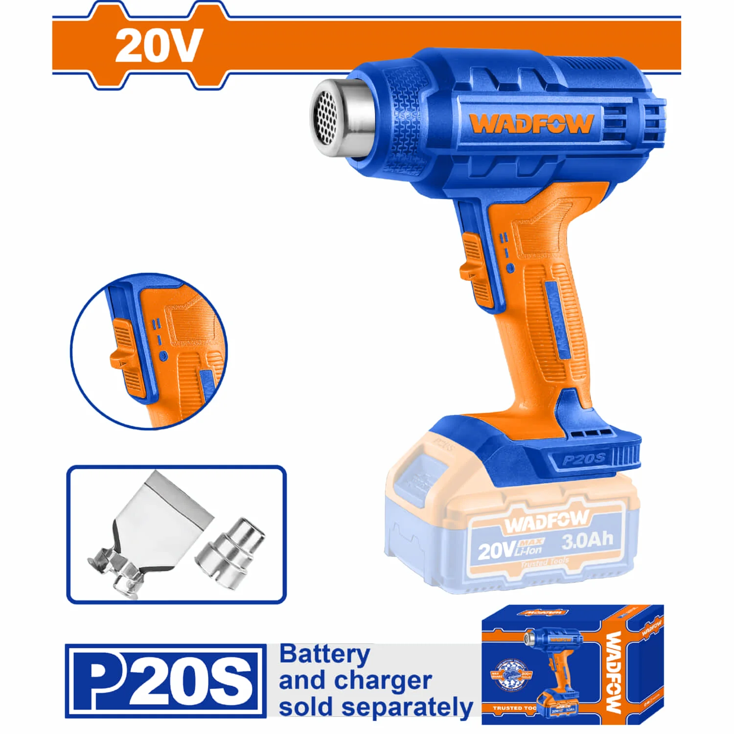 Pistola De Calor Inalámbrica. 20V. 300/550°C. Batería Y Cargador Por Separado. Incluye Accesorios.