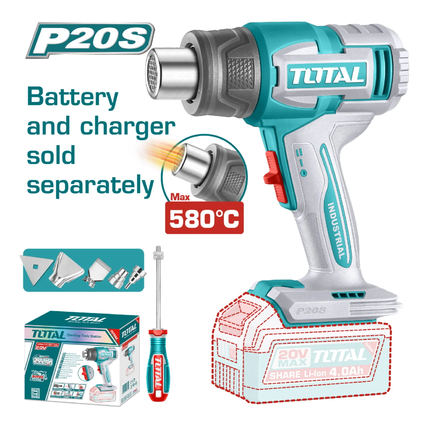Pistola De Calor Inalámbrica. 20V. 300/580°C. Batería Y Cargador Por Separado. Incluye Accesorios. Blower