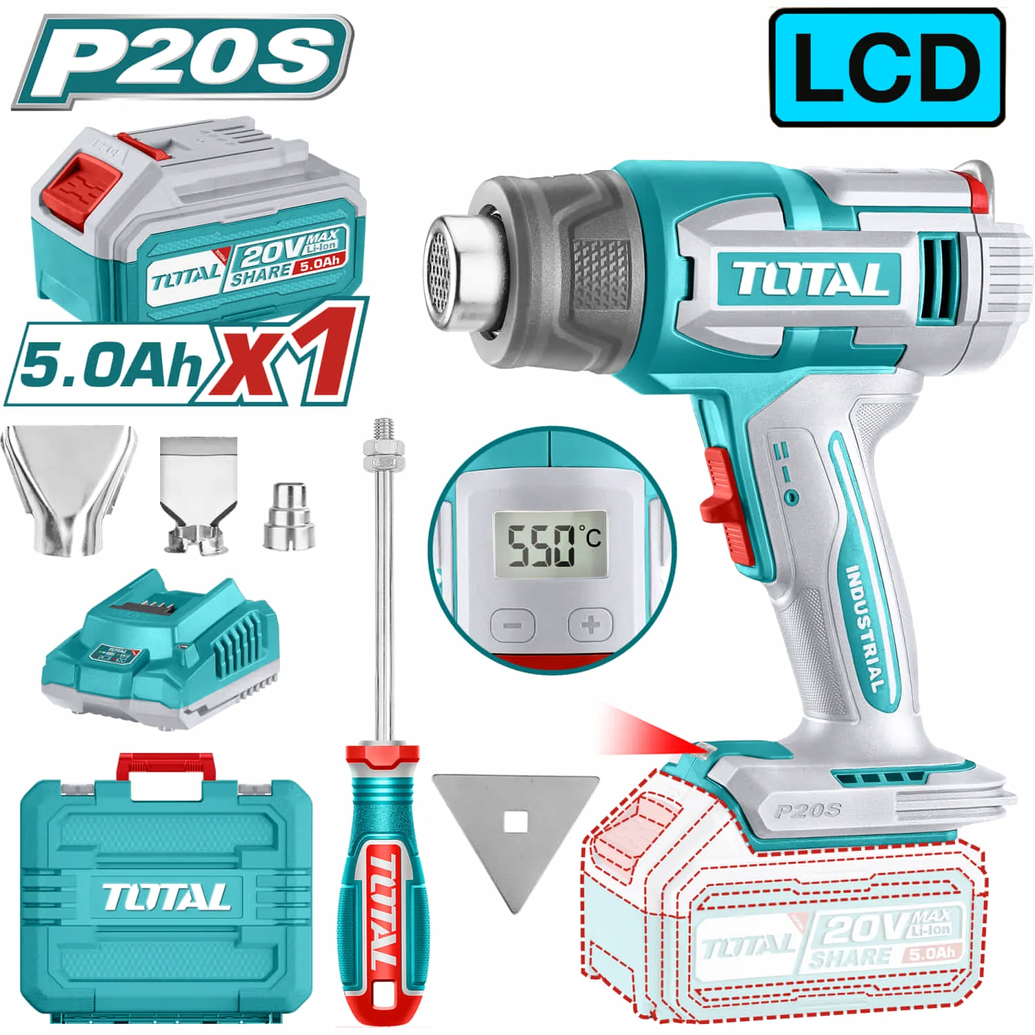 Pistola De Calor Inalámbrica. 20V. Temperatura 30-300℃/30-550°C. Pantalla LCD. Incluye Batería Y Cargador Y Accesorios. Blower Aire - Image 2