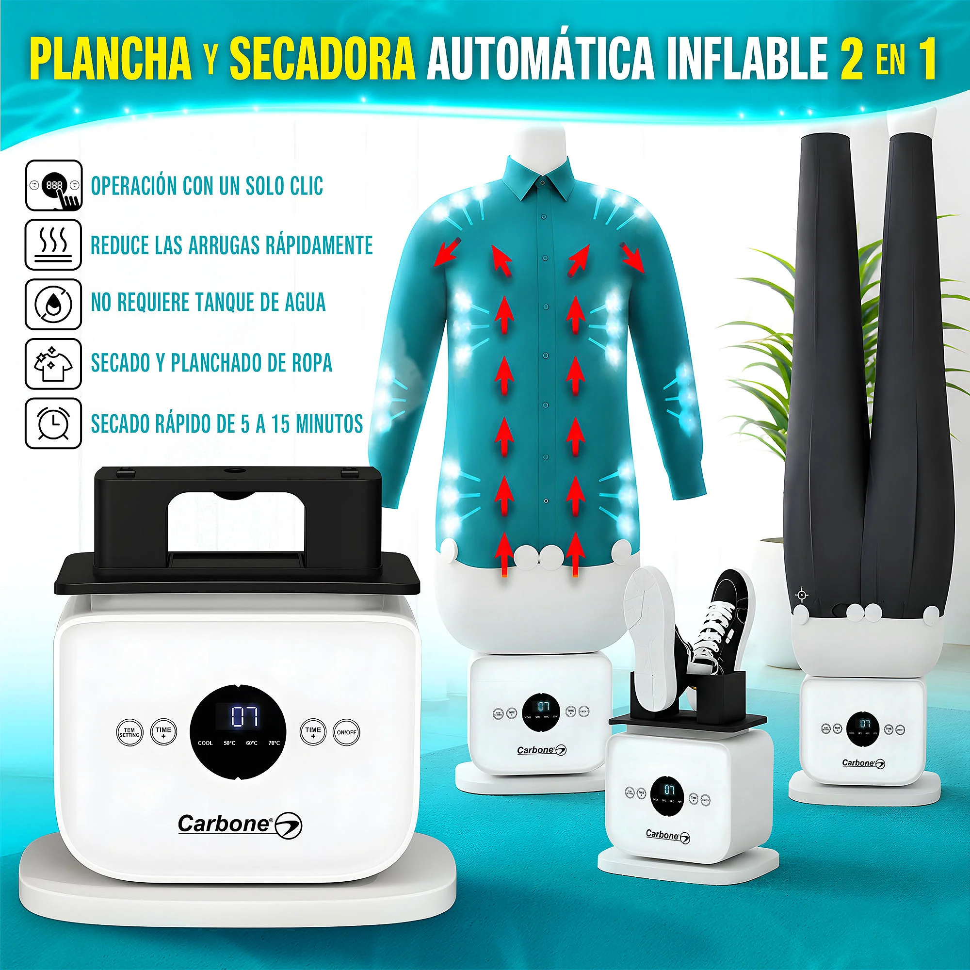 Plancha Y Secadora Automática Ropa Inflable 2 En 1. Planchado Aire Calido Manos Libres Y Secado Rápido 5 A15 Min. Reduce Arrugas En Camisas Y Pantalones 110V.