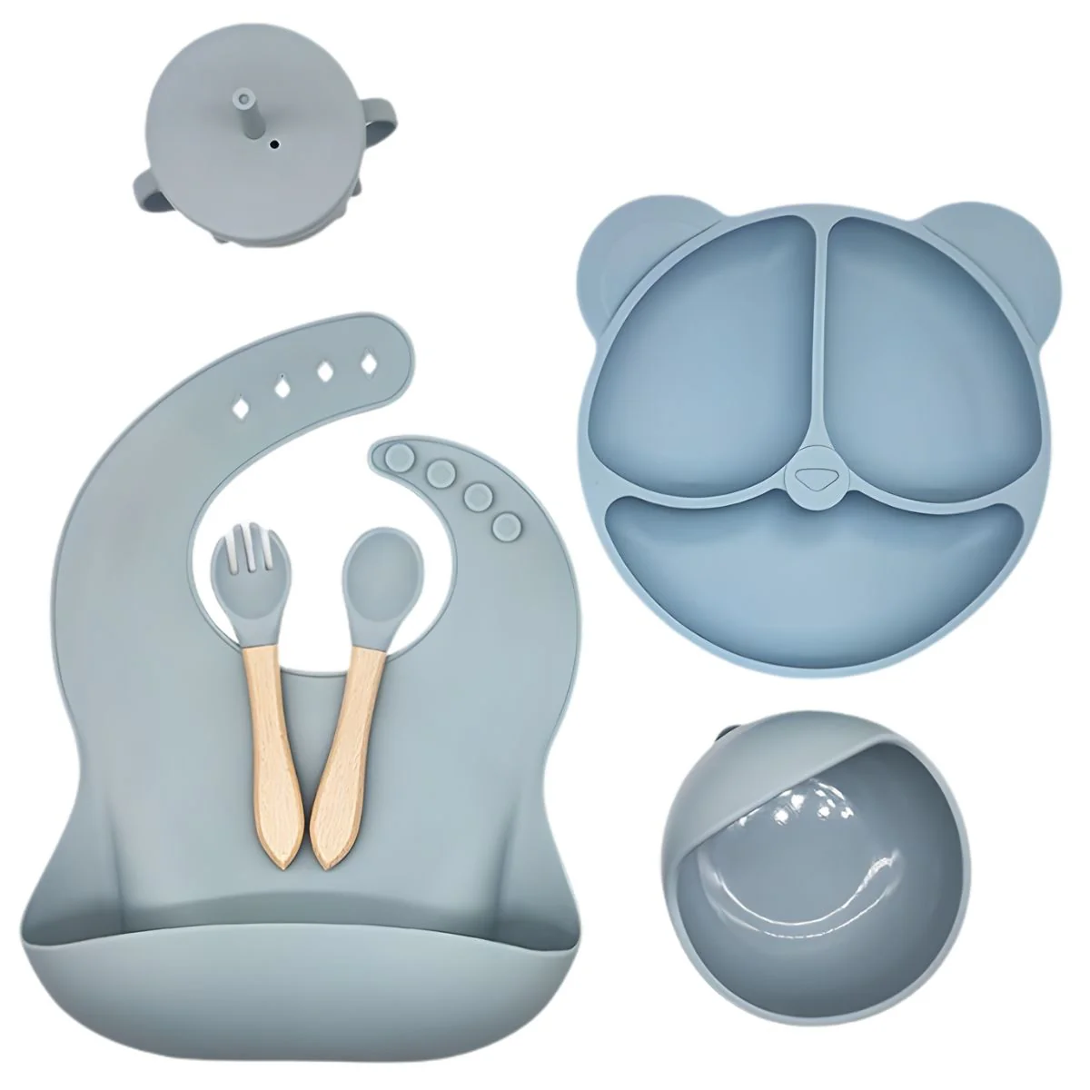 Plato De Silicona Para Bebé Con Divisiones + Set De Alimentación Completo Con Babero Recolector, Tazón, Vaso Con Pajilla Y Cubiertos (6 Piezas). Color Azul Claro. - Image 2