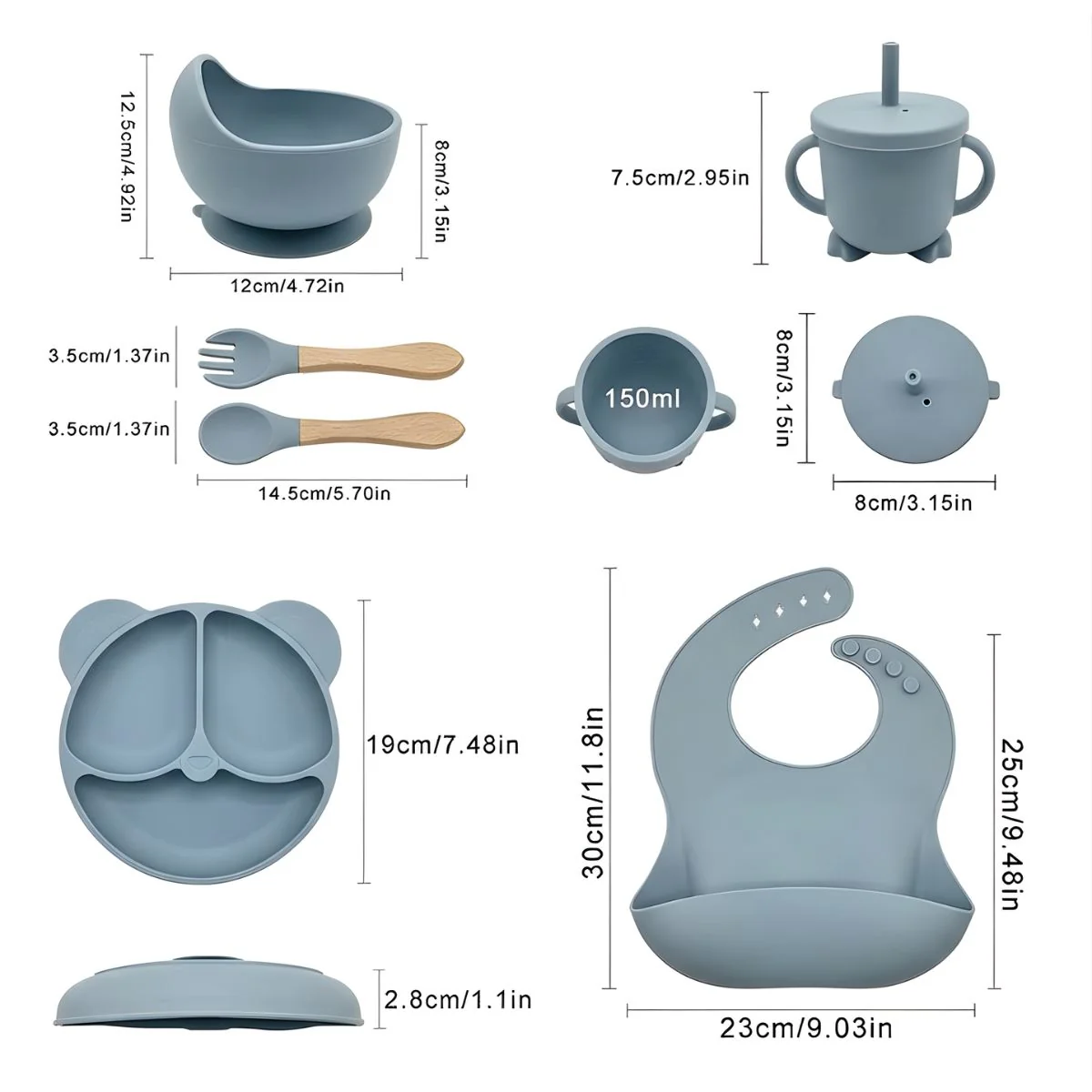 Plato De Silicona Para Bebé Con Divisiones + Set De Alimentación Completo Con Babero Recolector, Tazón, Vaso Con Pajilla Y Cubiertos (6 Piezas). Color Azul Claro. - Image 3