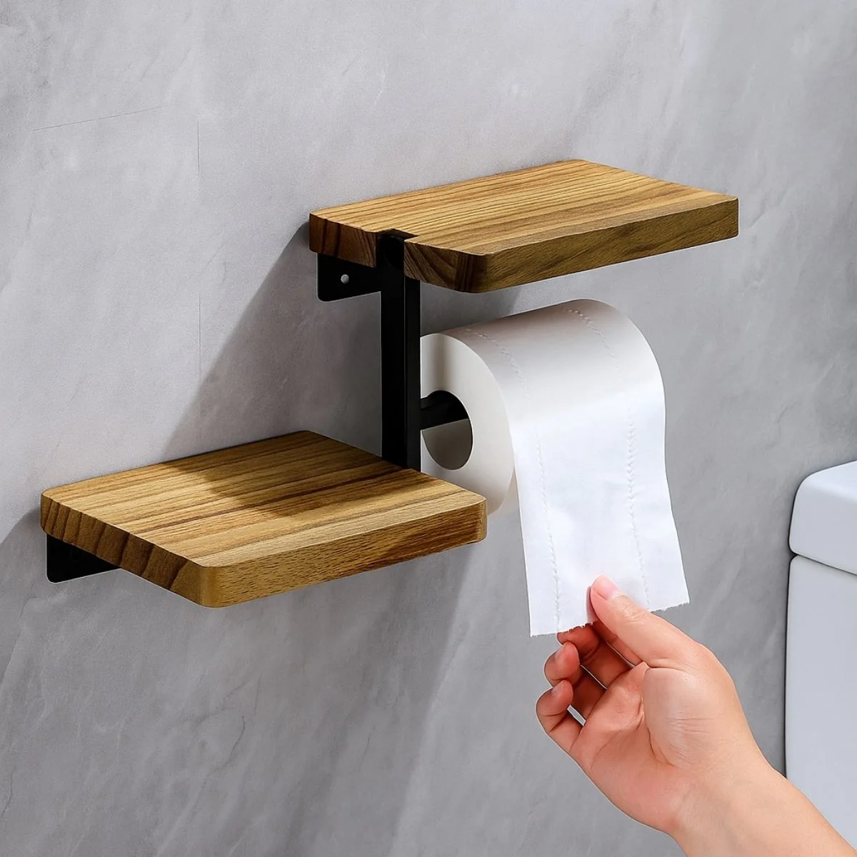 Portarrollos De Papel Higiénico De Madera Con Hierro. Soporte De Papel Sanitario Con Repisa. Porta Papel.