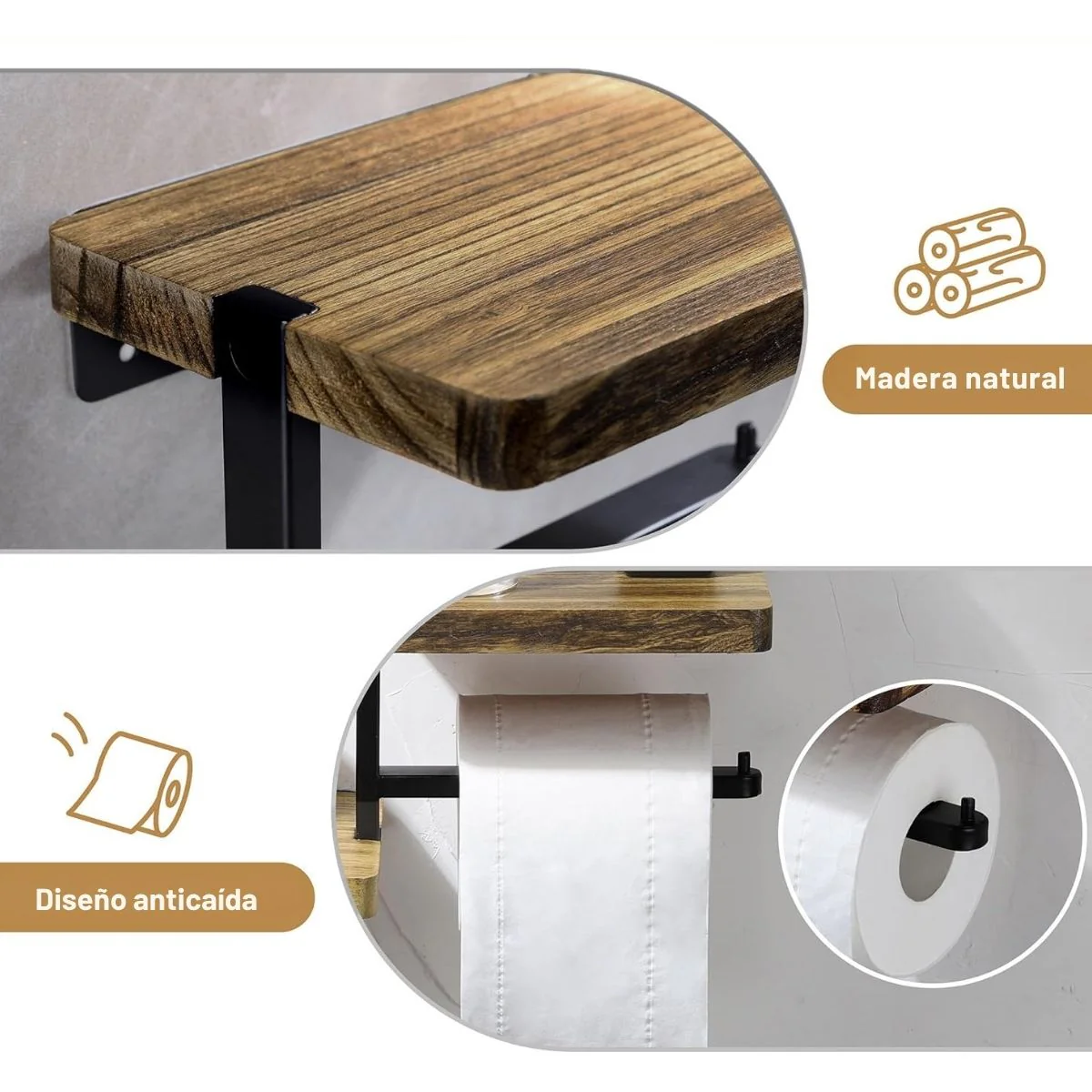 Portarrollos De Papel Higiénico De Madera Con Hierro. Soporte De Papel Sanitario Con Repisa. Porta Papel. - Image 3