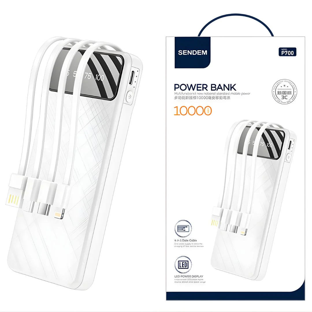 Power Bank 10000 Mah Con Cables Integrados. Compatible Con Tipo-C, Micro USB Y Lightning. Batería Cargador Portátil Para Celulares.