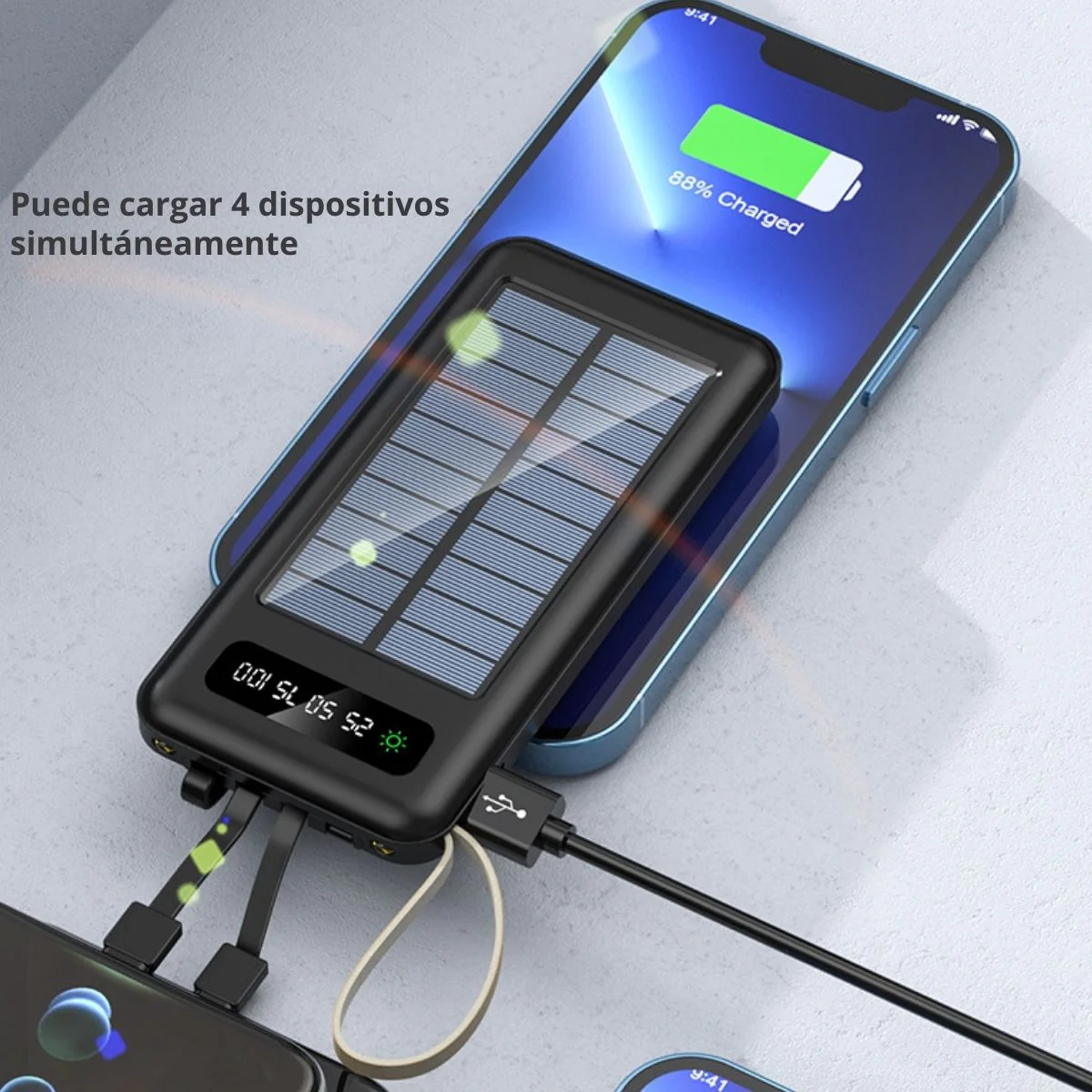 Power Bank Solar 10000 Mah Con Cable Integrado. Compatible Con Tipo-C, Micro USB, Lightning. Cargador Portátil Para Celulares Con Panel Solar. - Image 3