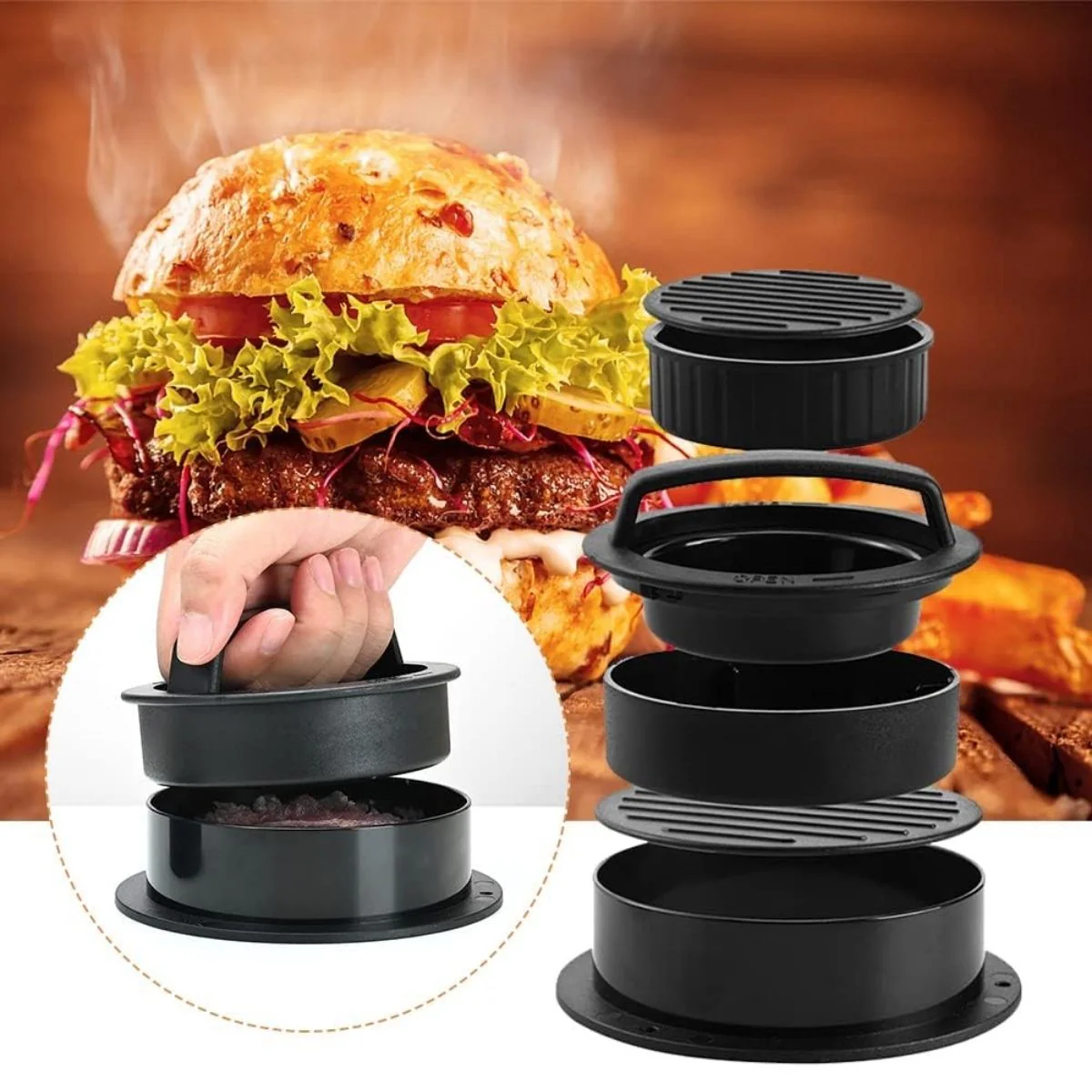Prensa Molde Para Hamburguesas 2.8” (7.2Cm) 3.8” (9.7Cm) 4.1” (10.3Cm) Antihaderente De Plástico Resistente Grado Alimenticio.