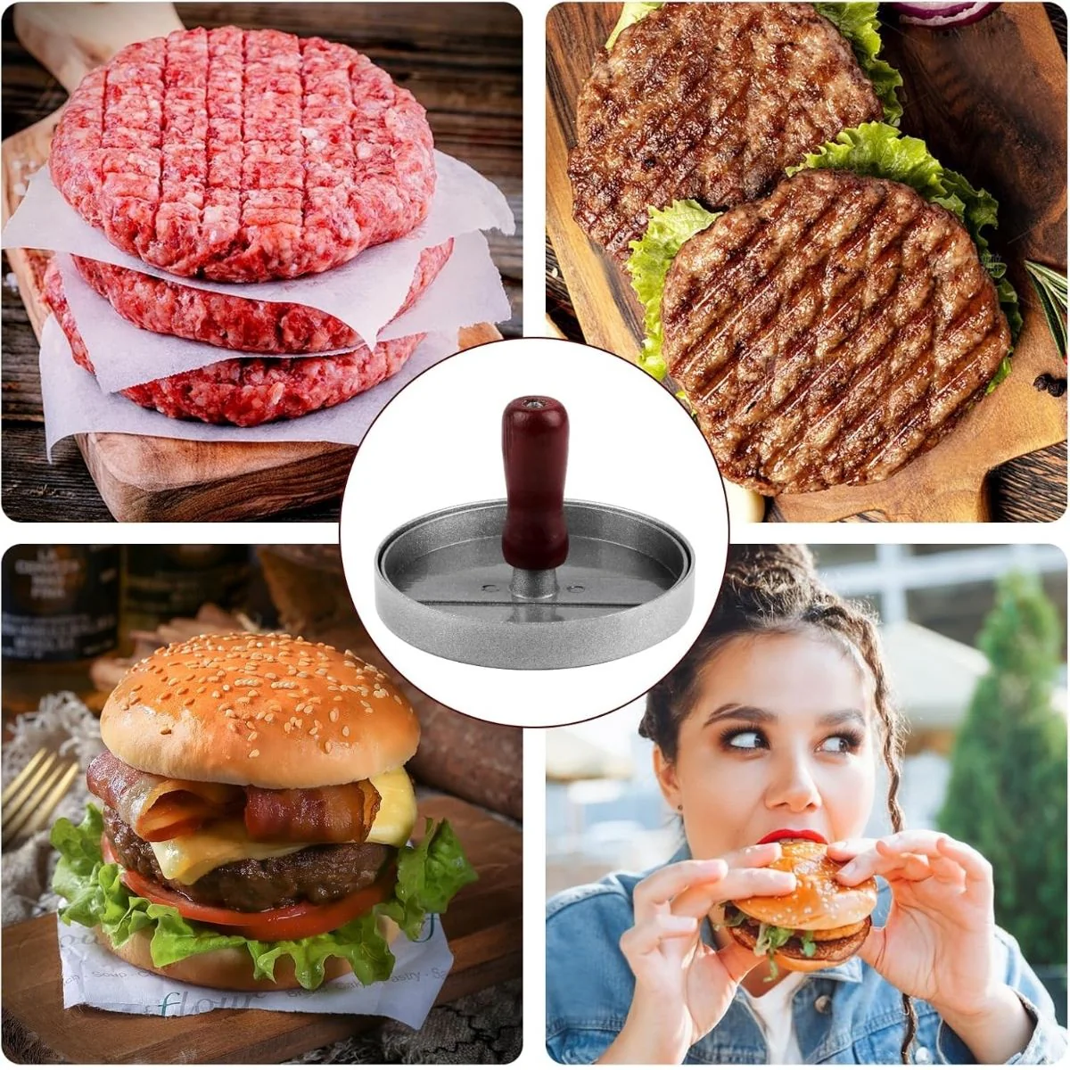 Prensa Molde Para Hamburguesas De Aluminio De Grado Alimenticio Con Mango De Madera 4.7” (11.8Cm) Diámetro, 0.71” (1.8Cm) Altura Y 190Grs. Moldeador Formador De Carne. - Image 3