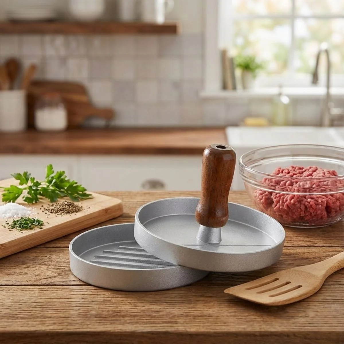Prensa Para Hamburguesas 5" (11.8 Cm) Con Mango De Madera. Para Parrilla Y Cocina. Moldeador Formador De Carne 195G - Image 2