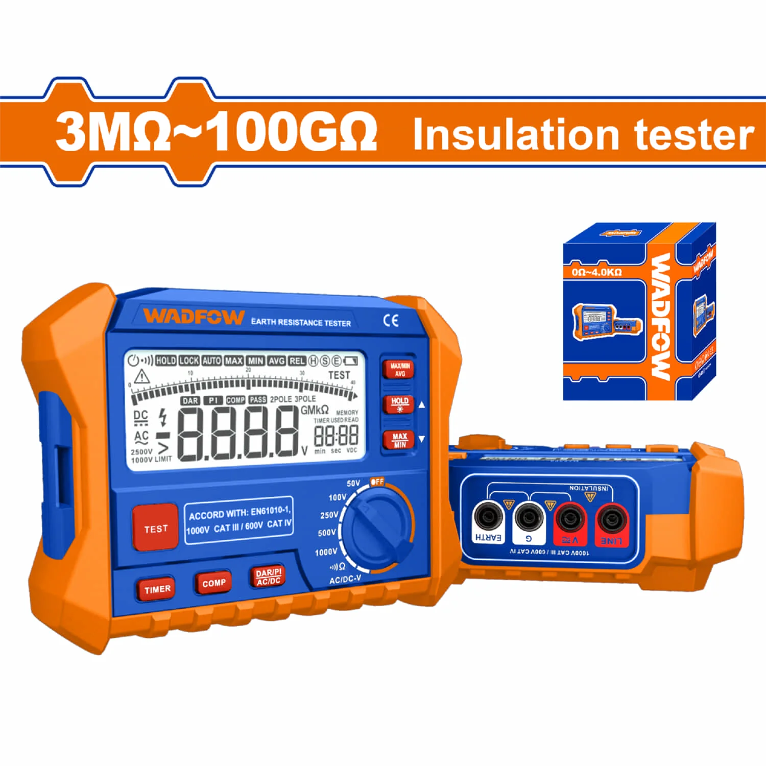 Probador De Aislamiento DCV Y ACV 50V-1000V Apagado Automático Medidor De Aislamiento.