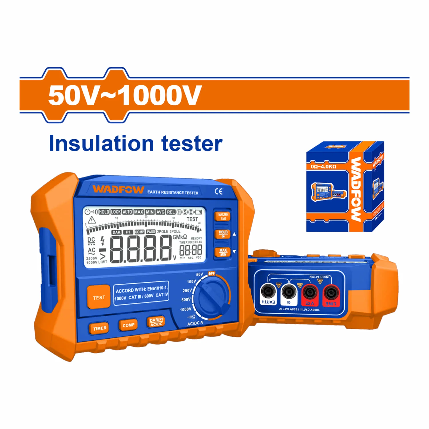 Probador De Aislamiento DCV Y ACV 50V-1000V Apagado Automático Medidor De Aislamiento. - Image 2