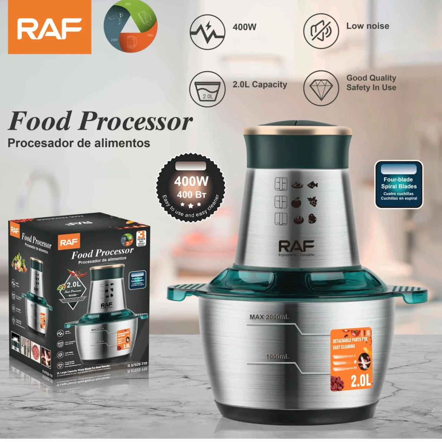 Procesador De Alimentos 400W 2L Con Cuchillas En Espiral, Bajo Ruido. 110V/60 Hz.  Mezclador De Alimentos