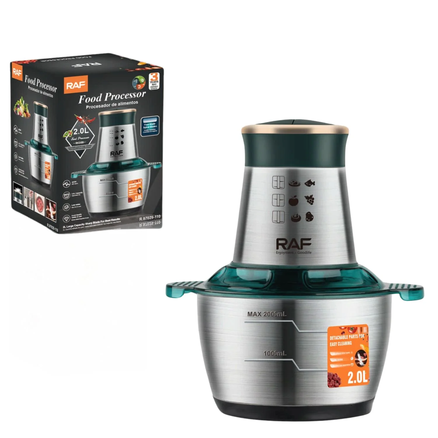 Procesador De Alimentos 400W 2L Con Cuchillas En Espiral, Bajo Ruido. 110V/60 Hz.  Mezclador De Alimentos - Image 2