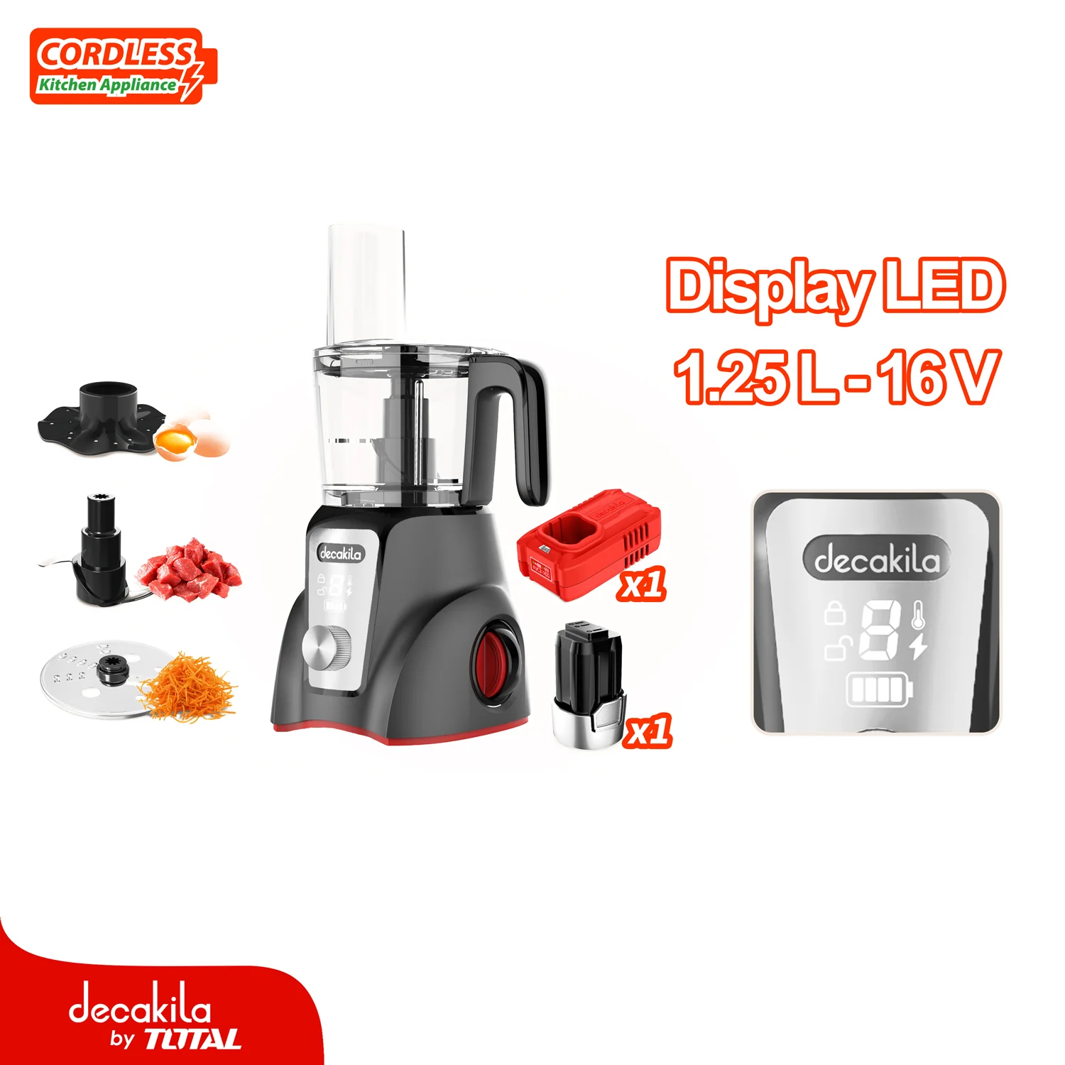 Procesador De Alimentos Inalámbrico Gris 250W 1.25L  Pica, Rebana Y Corta. Incluye Batería Y Cargador.