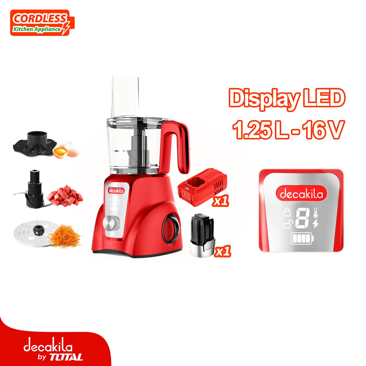 Procesador De Alimentos Inalámbrico Rojo 250W 1.25L Pica, Rebana Y Corta. Incluye Batería Y Cargador.
