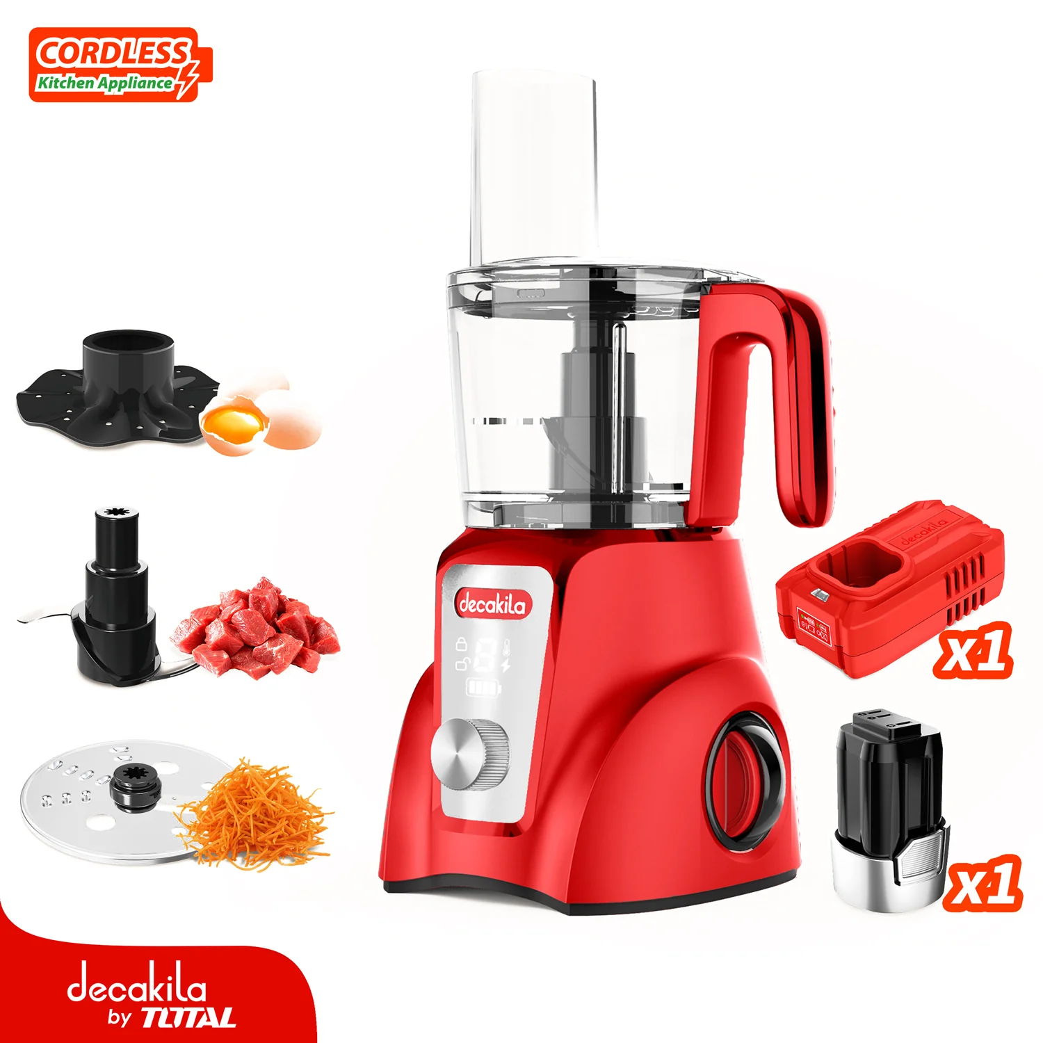 Procesador De Alimentos Inalámbrico Rojo 250W 1.25L Pica, Rebana Y Corta. Incluye Batería Y Cargador. - Image 2