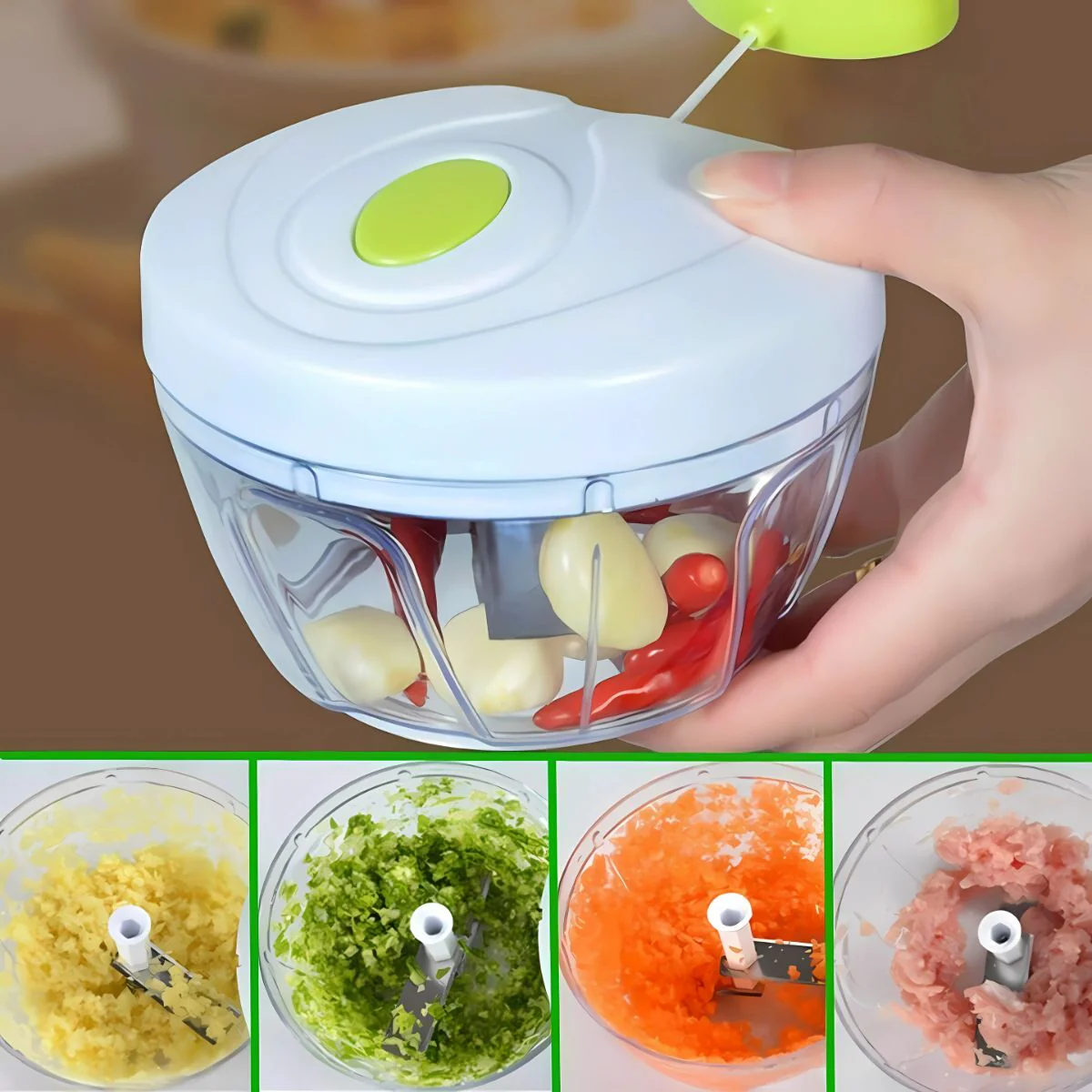 Procesador De Alimentos Manual Por Cuerda. Mini Picador Manual De 3 Cuchillas. Tritura Ajo, Verduras Y Frutas. - Image 2