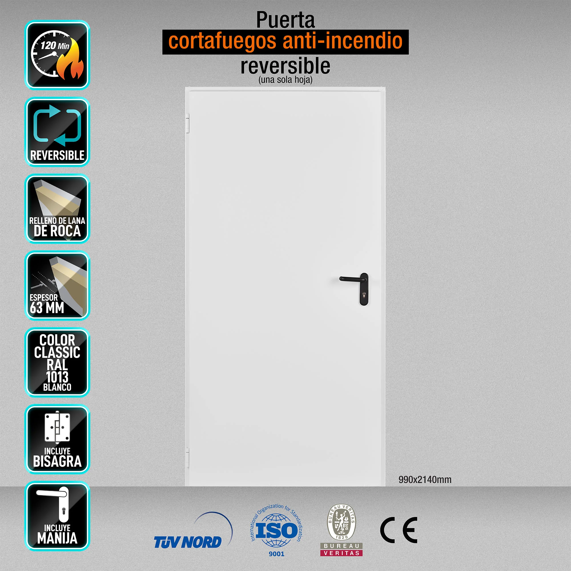 Puerta Cortafuegos Reversible EI120 Minutos 990X2140mm Marco MC3 Color Blanco 1013 (No Incluye Cilindro Ni Cuadrillo Partido, Se Vende Por Separado)