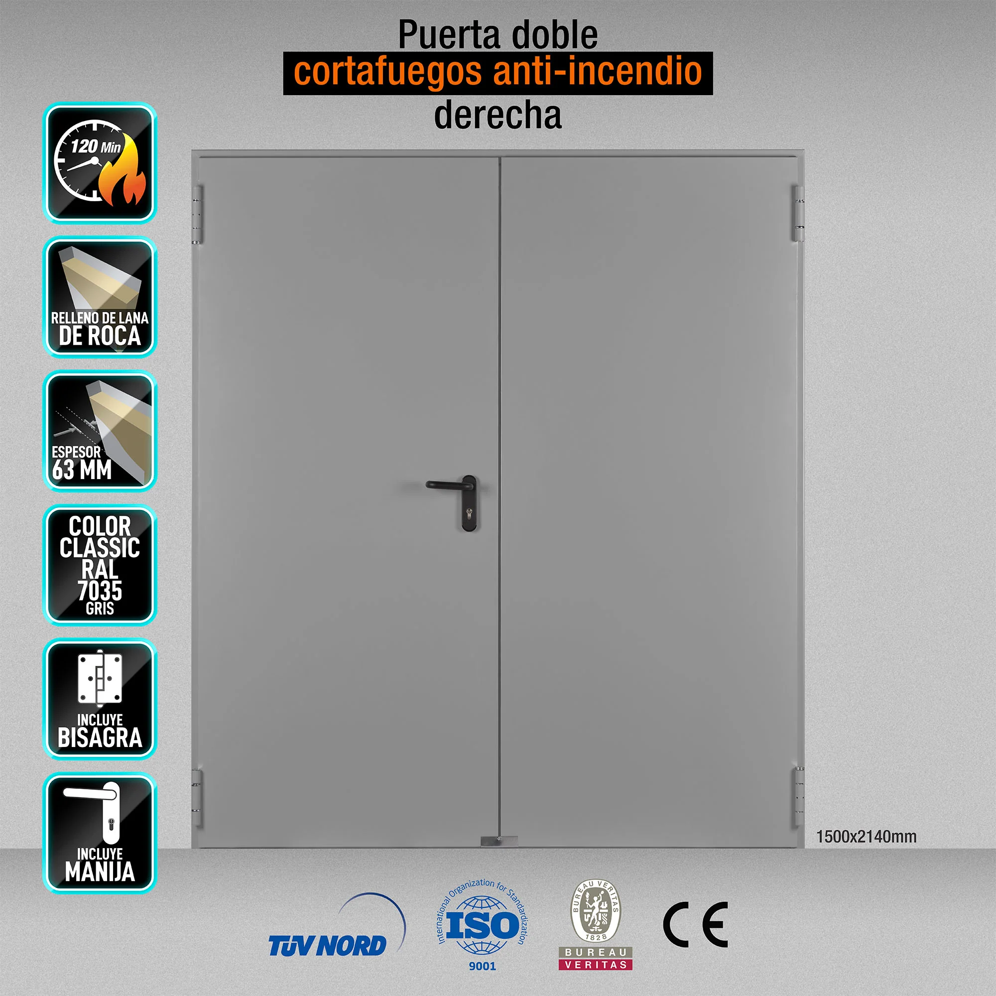 Puerta Cortafuegos Anti Incendio Doble Derecha EI120 Minutos 1500X2140mm Marco MC3 Color Gris 7035 (No Incluye Cilindro, Ni Cuadrillo Partido Se Vende Por Separado)