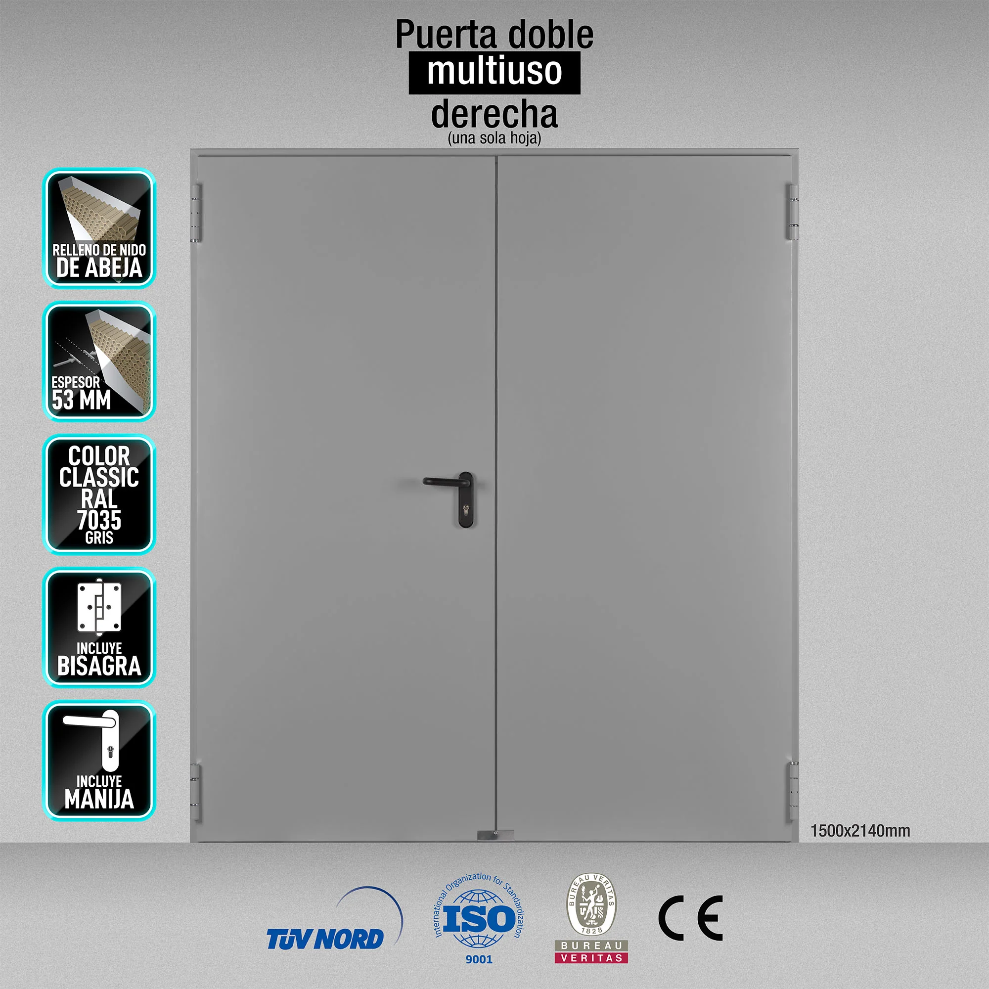 Puerta Doble Multiuso DERECHA 1500X2140mm Marco MC3 Color Gris 7035 (No Incluye Cilindro, Se Vende Por Separado)
