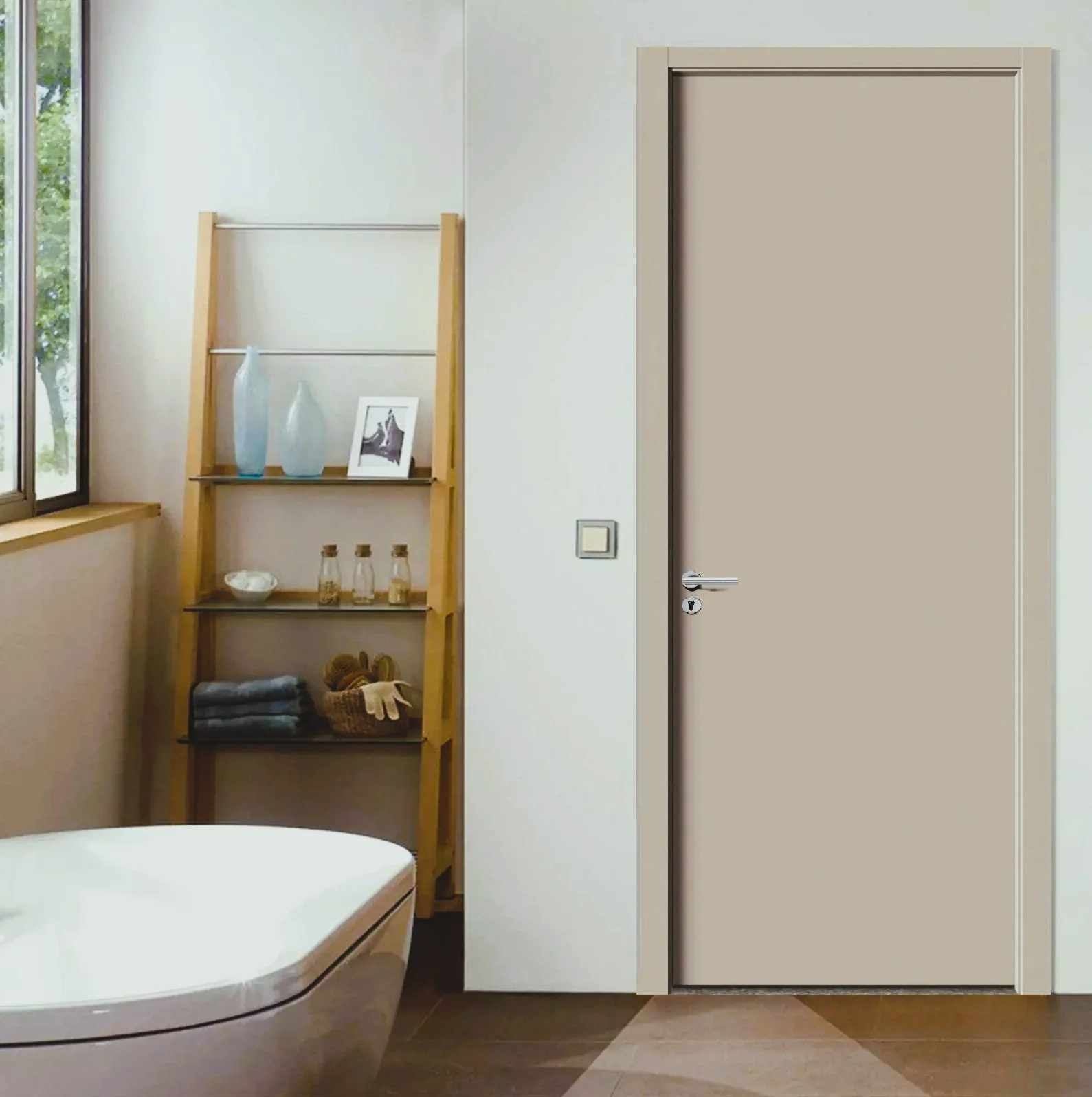 Puerta WPC 45Mm Madera Interior Beige Crema 85X215cm Incluye Marco Completo Y Herrajes Silver. Altisima Calidad Y Resistencia