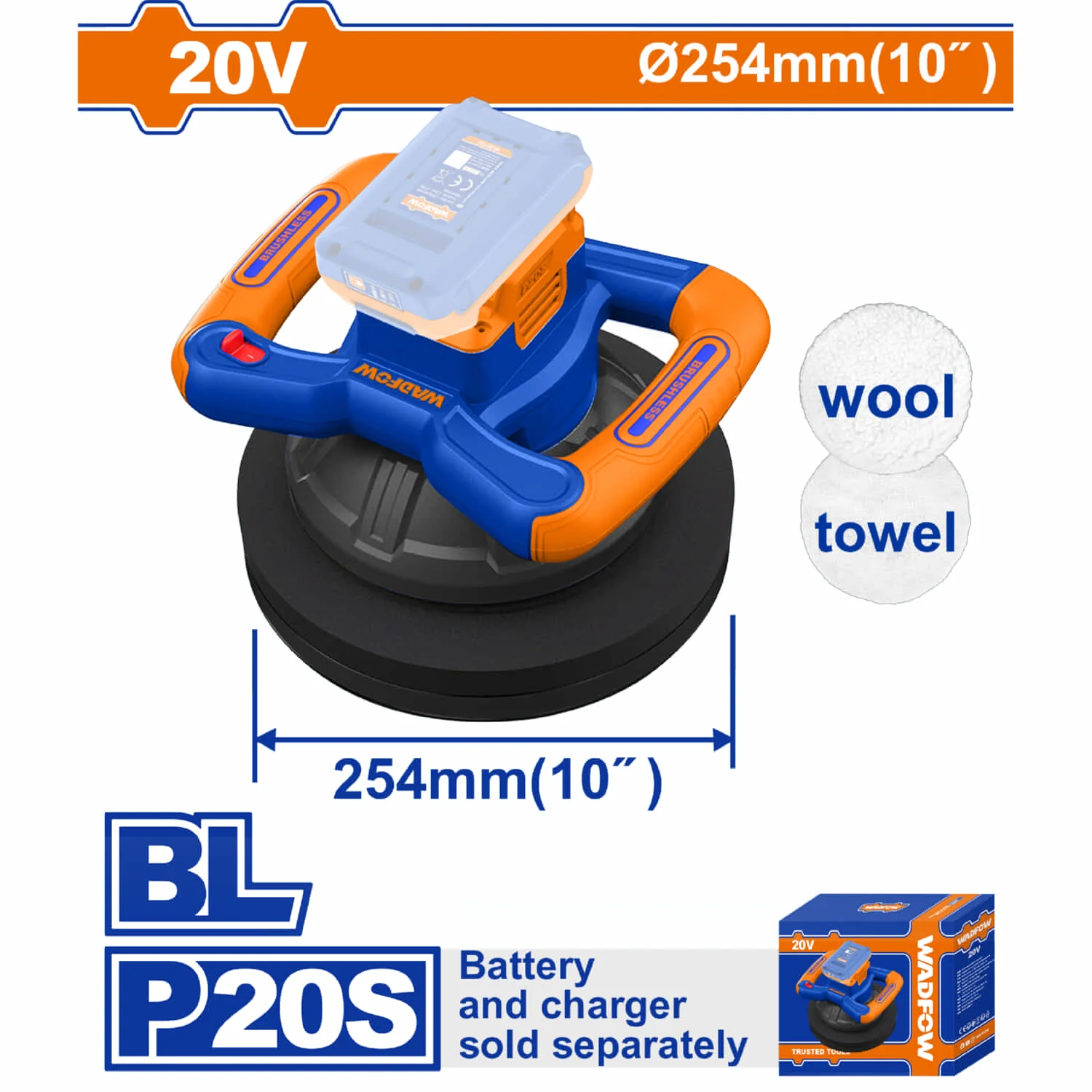 Pulidora De Carros Orbital 20V 10" Motor Sin Escobillas 2500Rpm. Incluye Accesorios. Batería Y Cargador Por Separado.