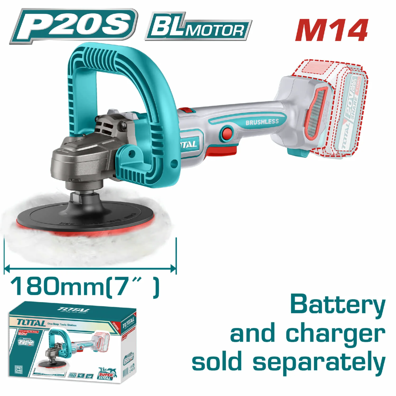 Pulidora Inalámbrica 20V 7" Vel.800-2300 Rpm Incluye Accesorios. Batería Y Cargador Por Separado.