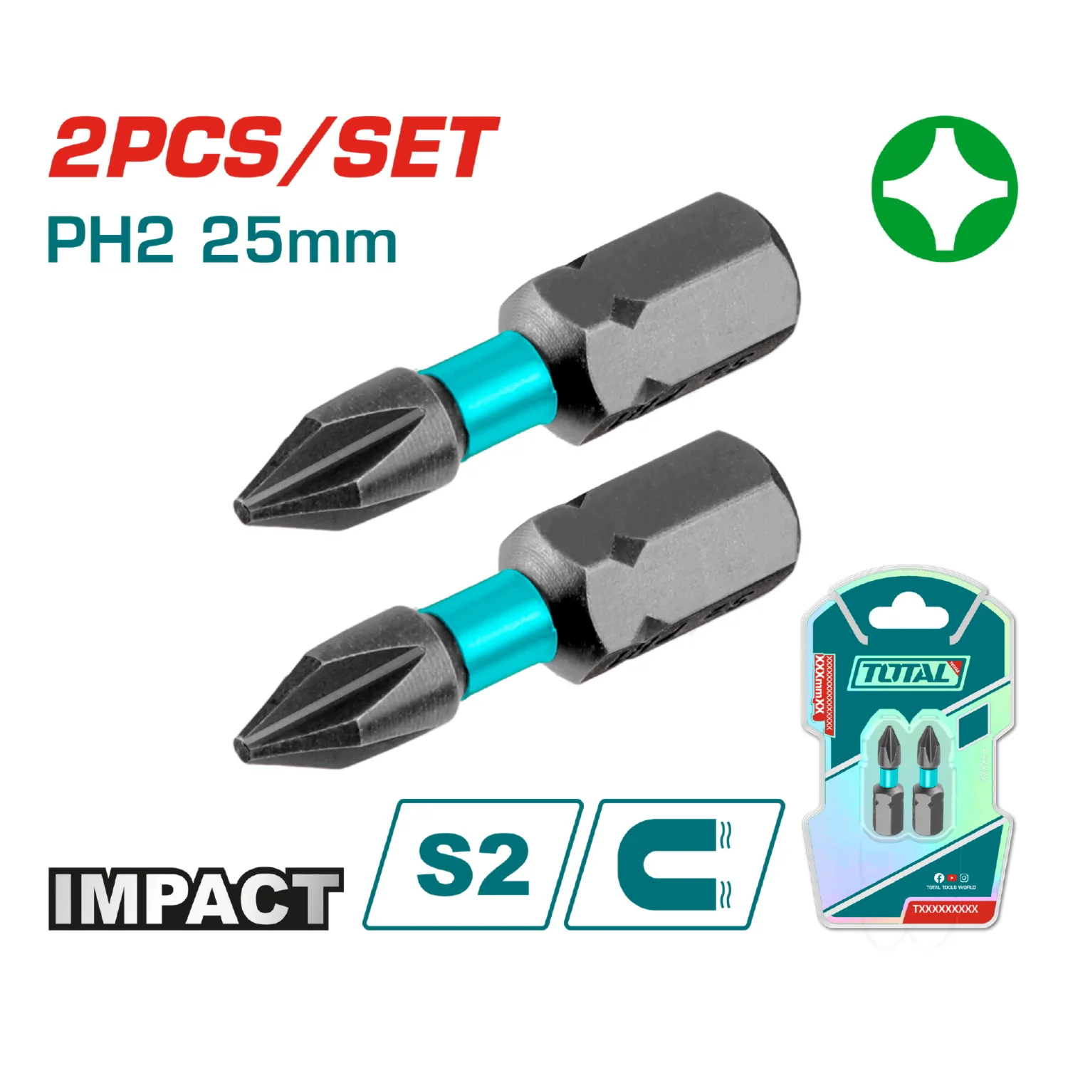Puntas De Destornillador De Impacto PH2 25Mm S2 Set De 2 Pzas. Magnético. Tipo Phillips - Image 2