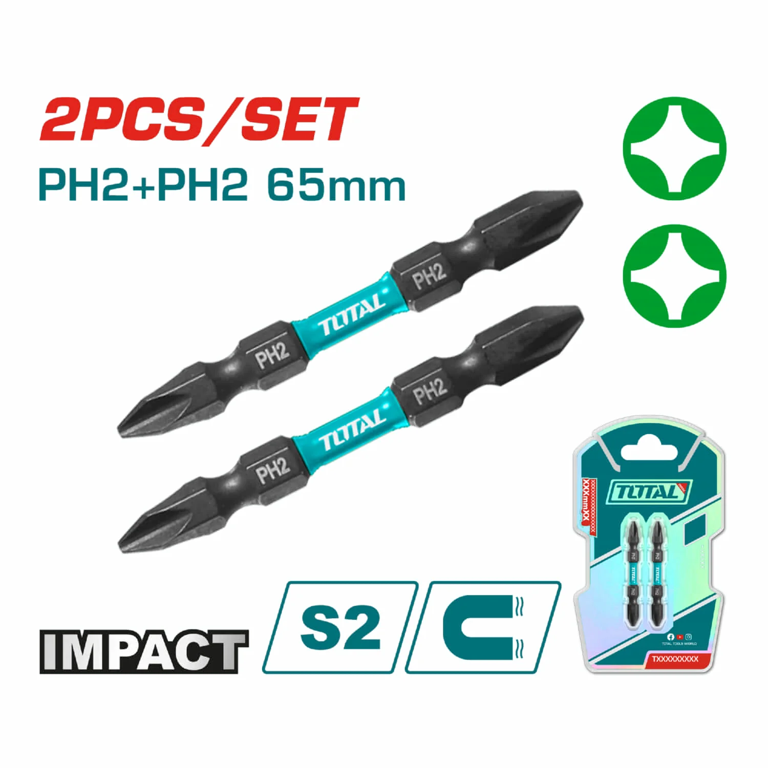 Puntas De Destornillador De Impacto PH2+PH2 65Mm S2 Set De 2 Pzas. Magnético. Tipo Phillips
