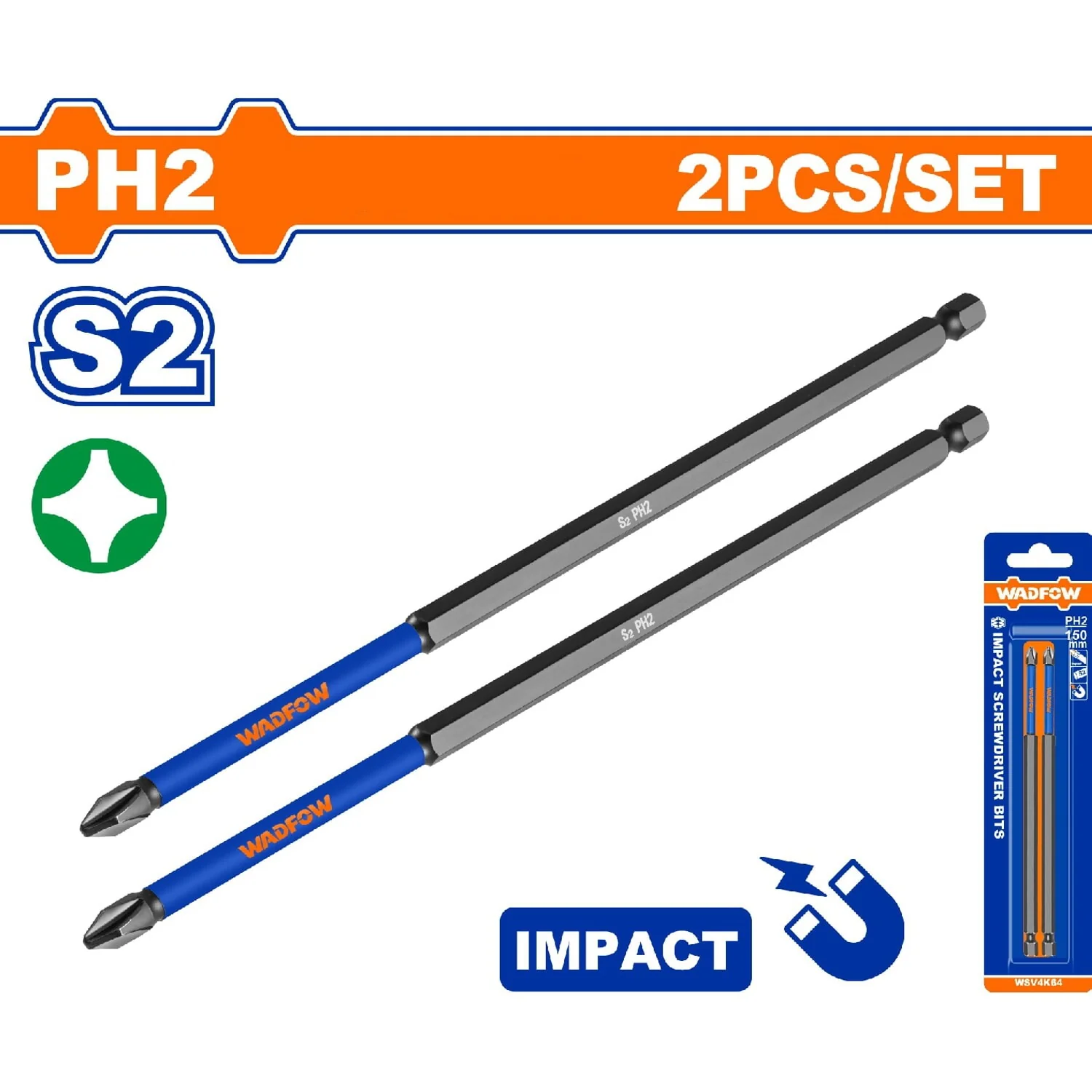 Puntas De Destornillador De Impacto PH2. S2. Set 2 Pzs. Superficie Magnética. Tipo Phillips.