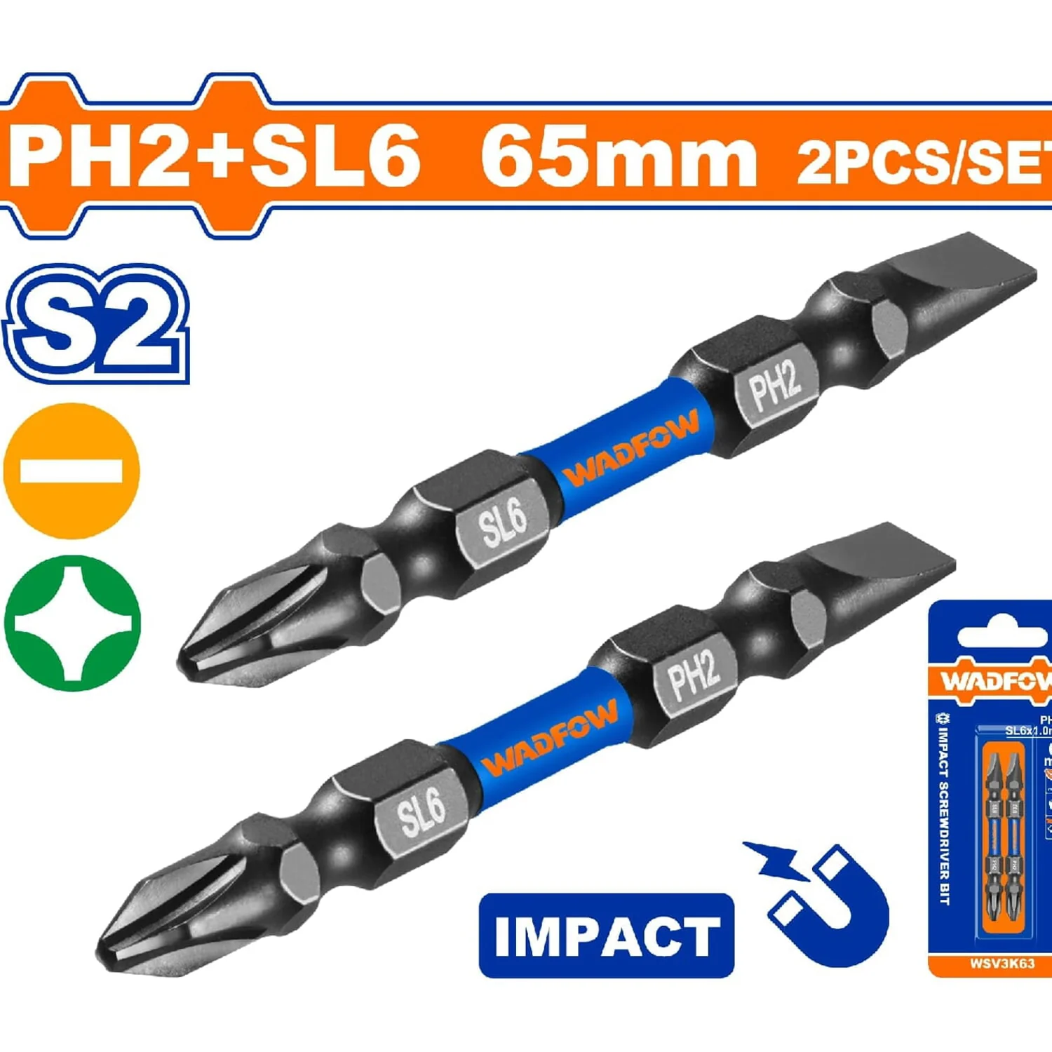 Puntas De Destornillador De Impacto PH2+SL6 65Mm. S2. Set 2 Pzs. Magnética. Tipo Phillips Y Plano. - Image 2